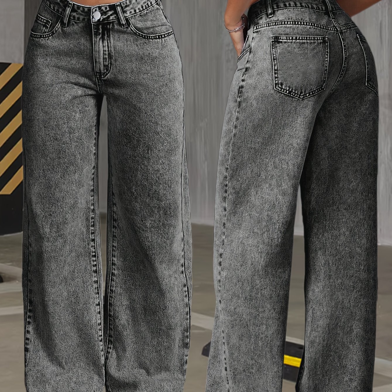 TEMU Women's Gray Snowflake Denim Wide Leg Jeans - Elegant, Comfortable Stretch Casual Pants With High Waist, Button Fly, And Flake Details For