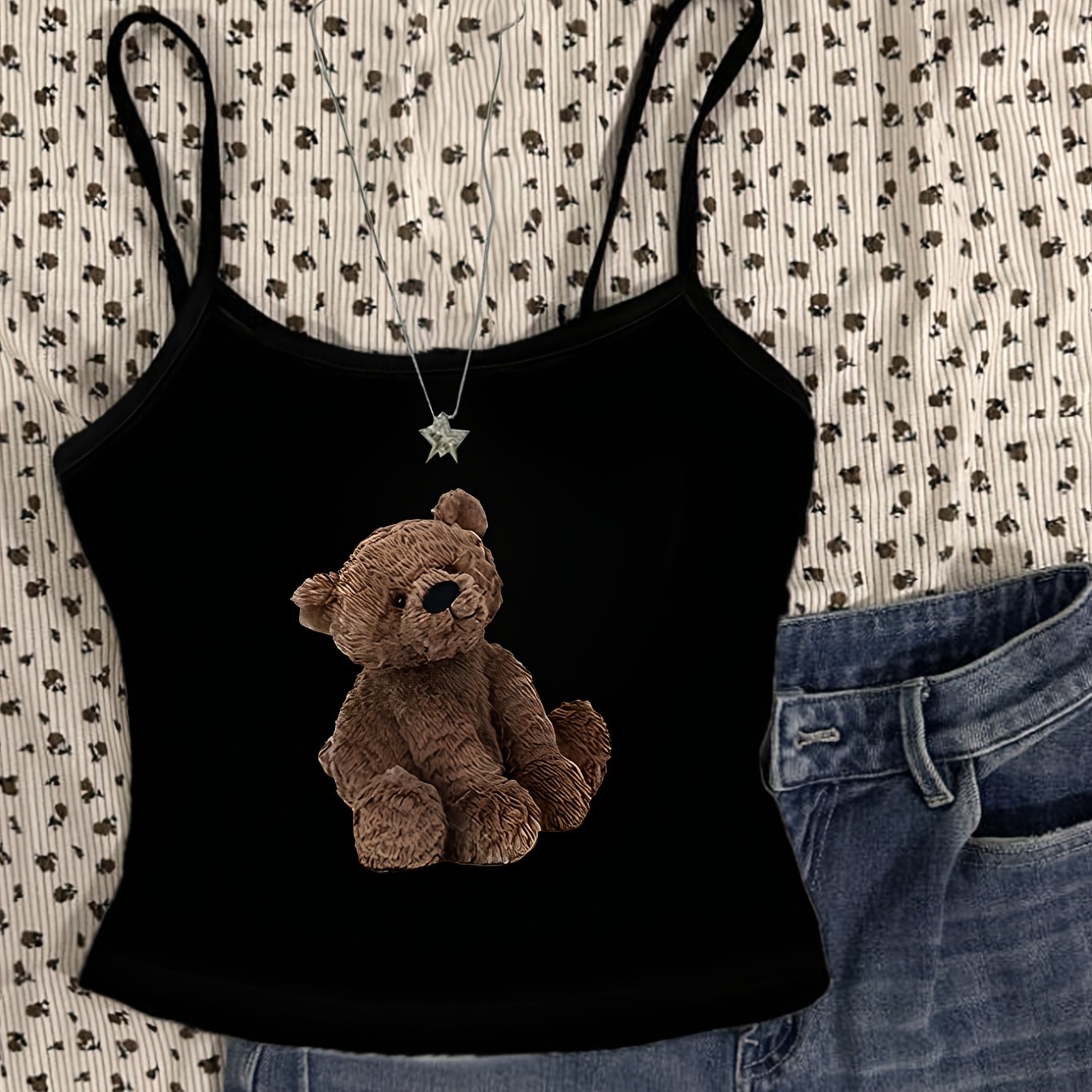 TEMU Summer Women's Mini Camisole Crop Top, A Tight-fitting Body-hugging Top With A Korean-style Soft And Cute Teddy Bear Print Design That Exudes