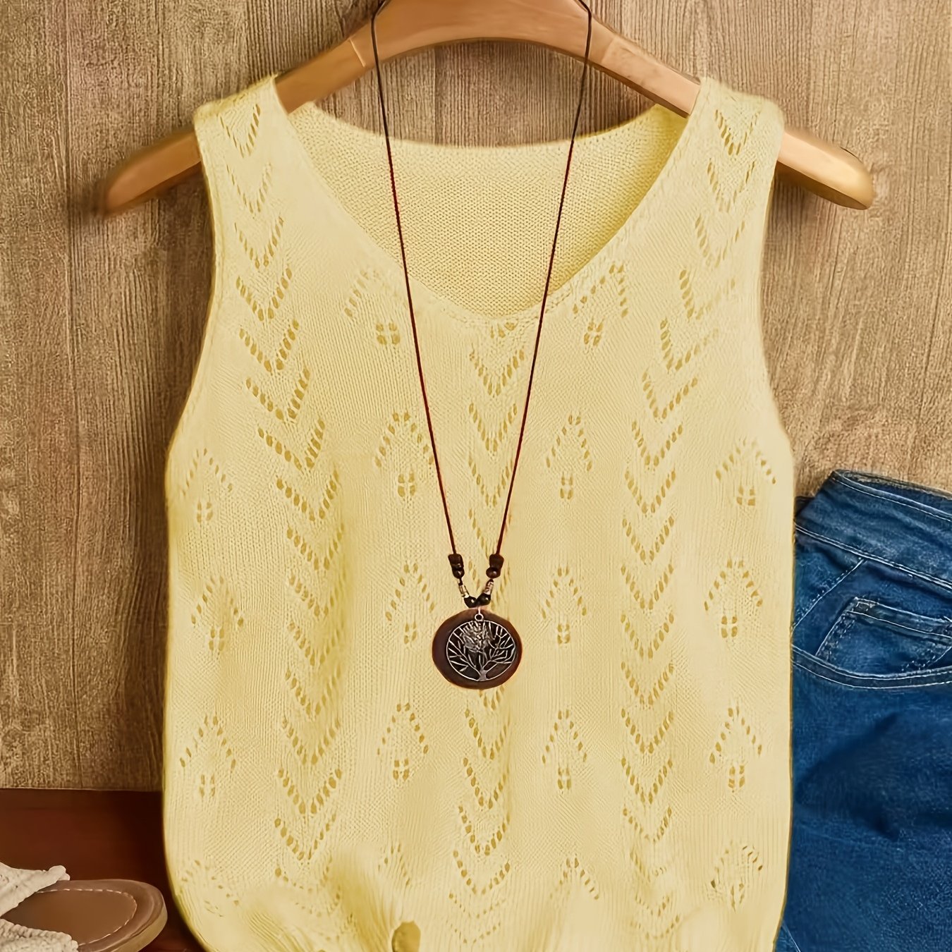 TEMU Essential Women's Vacation Beach Tank Top, Early Autumn Solid Color Hollow-out Sleeveless Top, Lightweight Breathable Versatile Outerwear And
