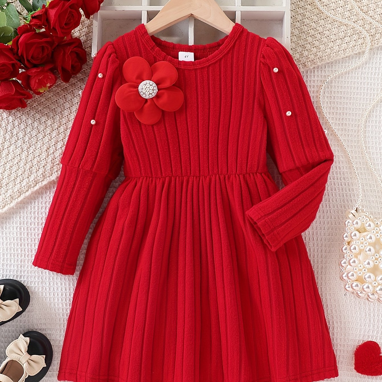 TEMU Autumn/winter Girls' Fashion Pearl Long-sleeve Dress With 3d Floral Embellishments, Elegant Red Stretch Ribbed Long-sleeve Dress, Suitable For