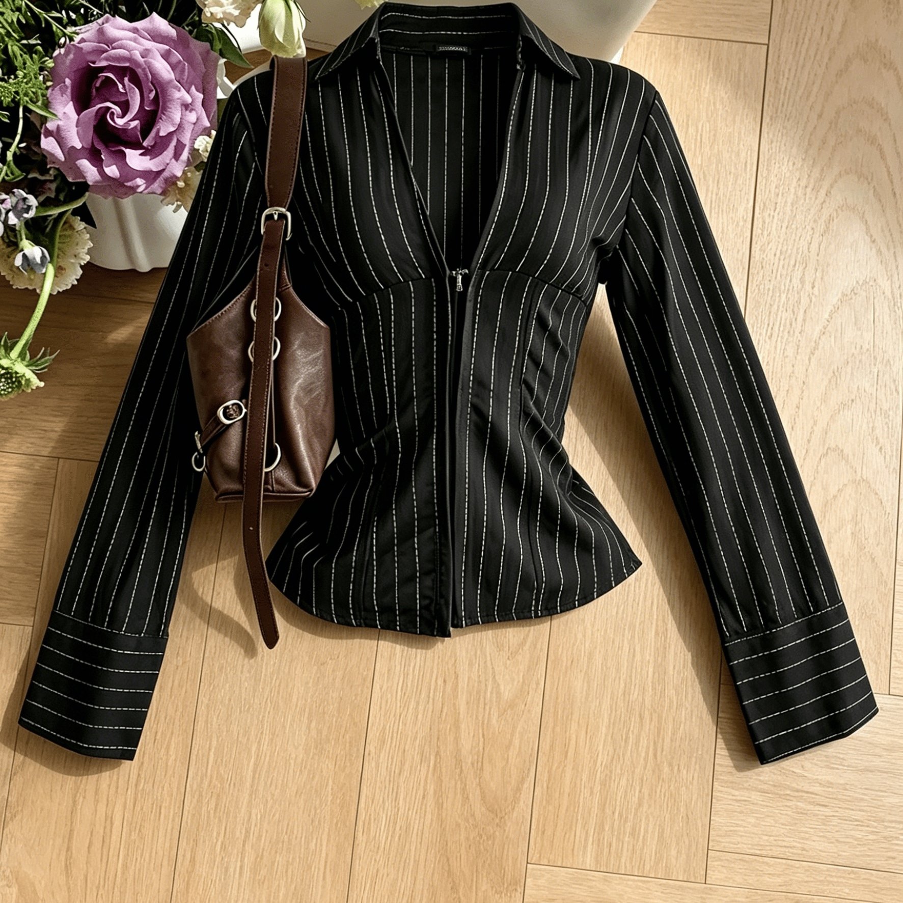 Image of Women's Black Striped Fitted Button Shirt, V-neck Long Flare Sleeve Corset Style Blouse, Slim Waist Y2k Casual & Streetwear Top