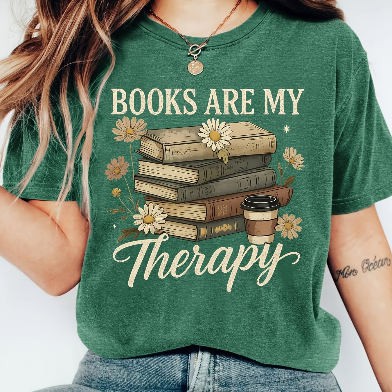 TEMU Books Are My Therapy Books Print Women's T-shirt 2026 Spring/summer Bookworm Style Short Sleeve Daily Light Outfit Loose And Top Book Theme