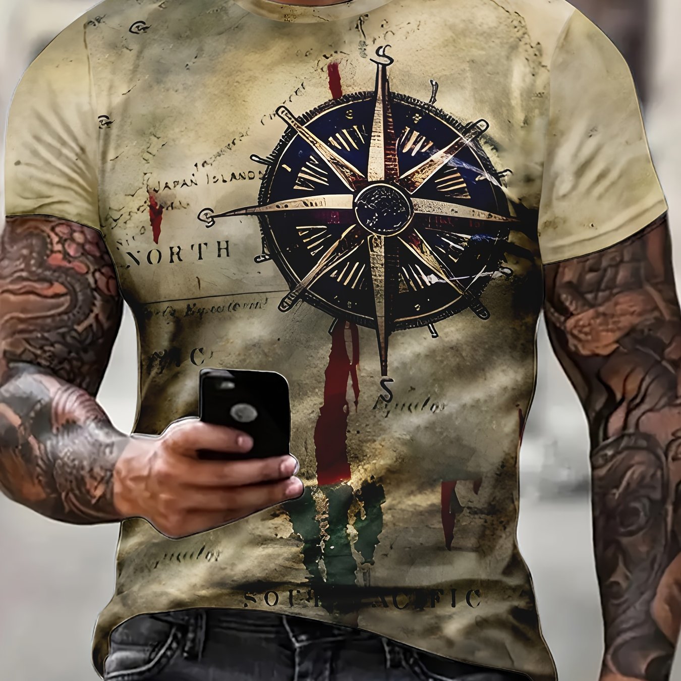 TEMU Men's Novelty T-shirt - Compass Vintage 3d Printed, Short Sleeve, Crew Neck, Soft And Comfortable Polyester Fiber T-shirt, Plus Size