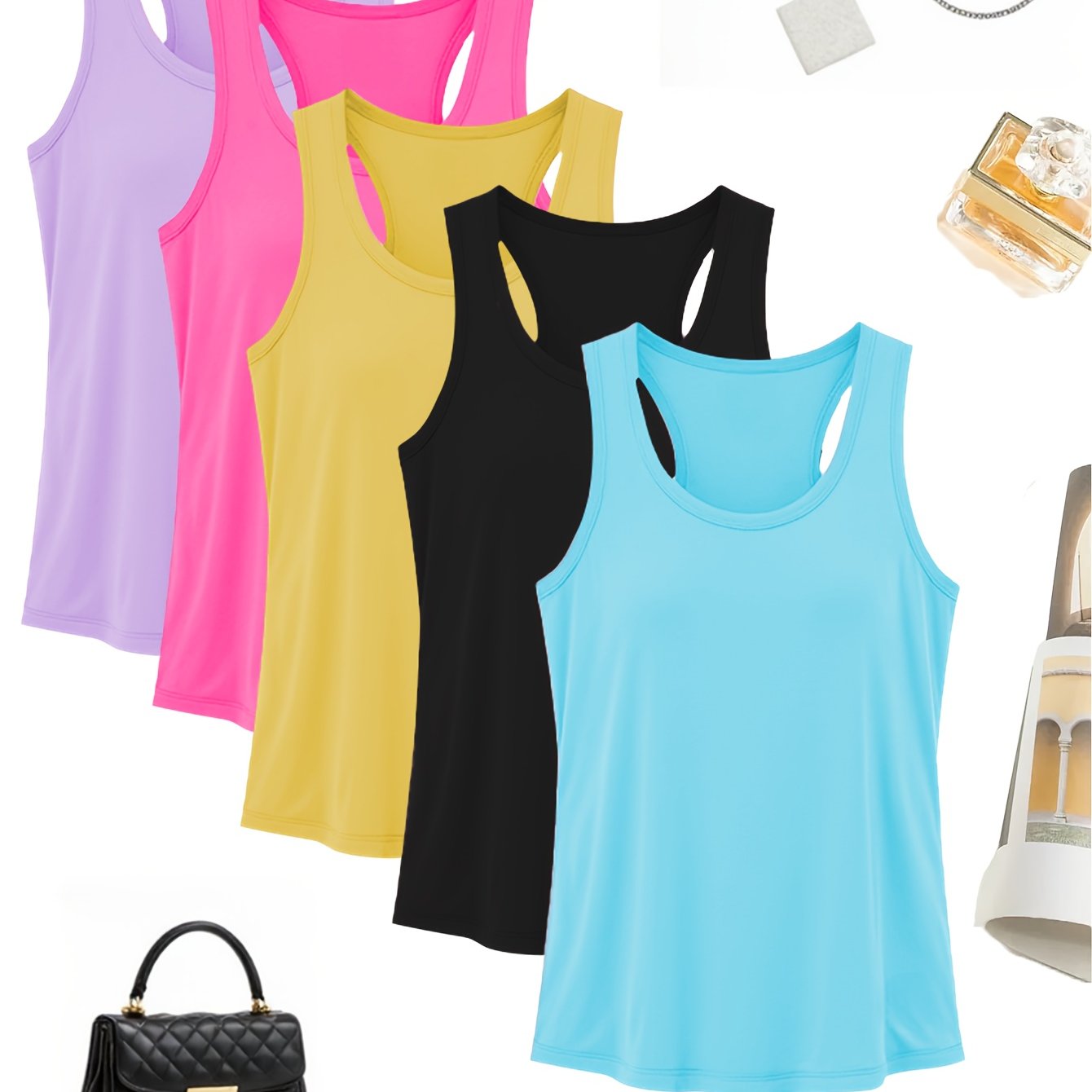 TEMU Fashion Women's Popular Solid Color And Multicolor 5pcs Tank Tops