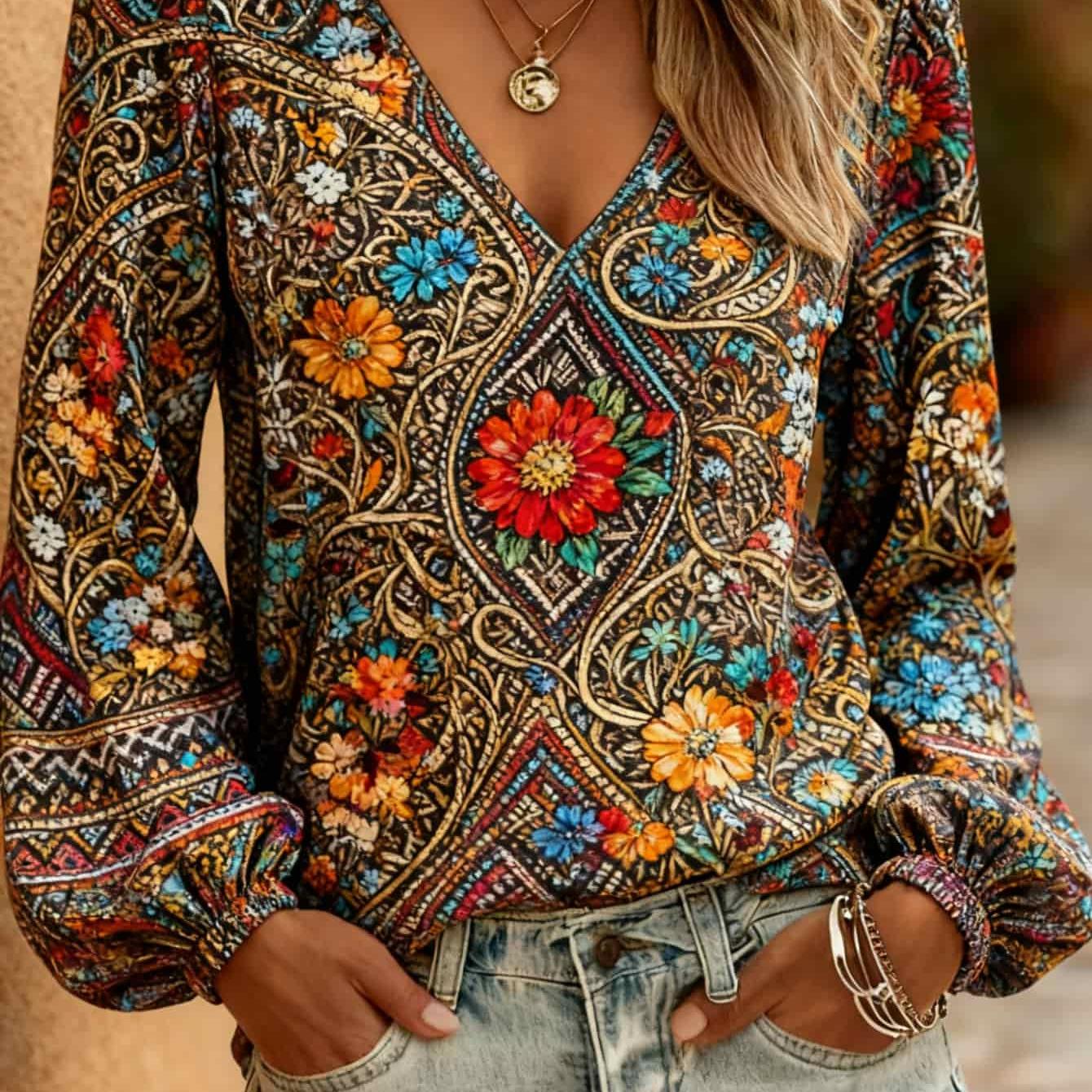 New 2026 Women's Casual Vintage V-neck Shirt With 2d Printed Floral Patterns, Featuring Collar Design And Long Sleeves, Wear And Parties, Machine Washable And Suitable For
