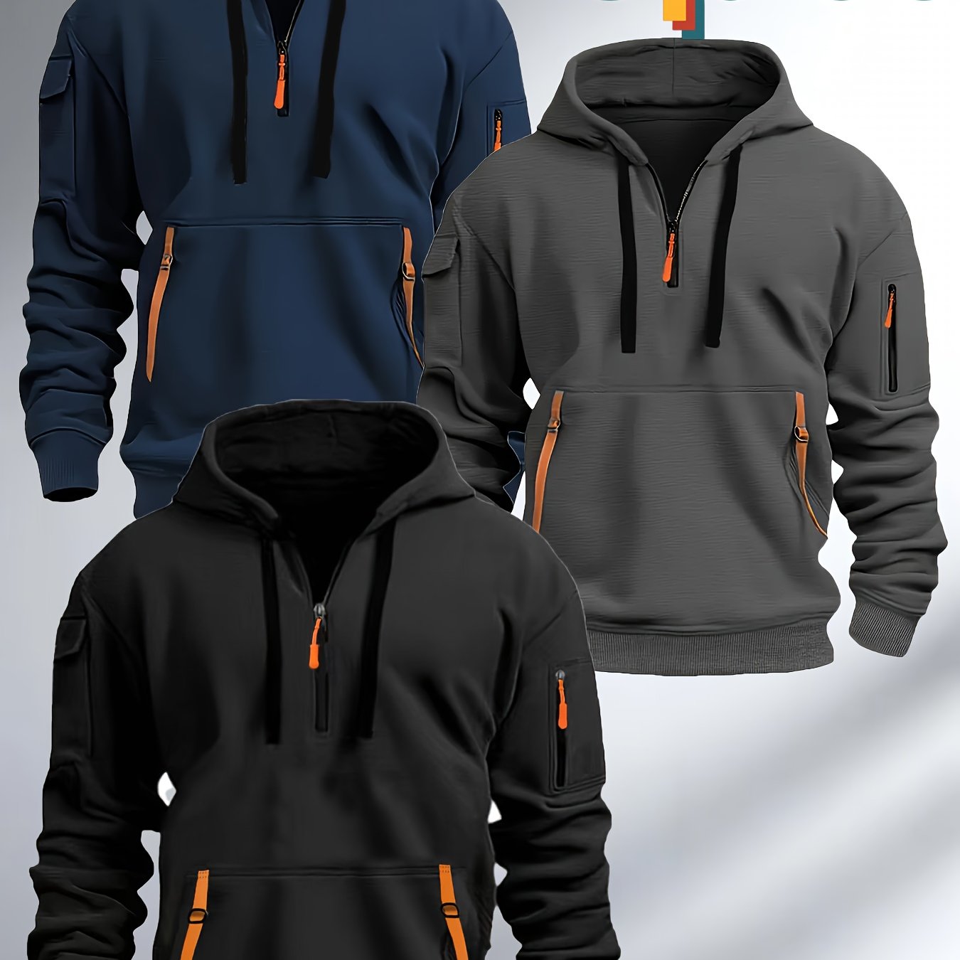 TEMU Xingmengzhi OBM 3 pièces Pull à capuche en épaisse 220g pour hommes - Sweat-shirt chaud d'hiver avec cordon ajustable, et fermeture éclair,