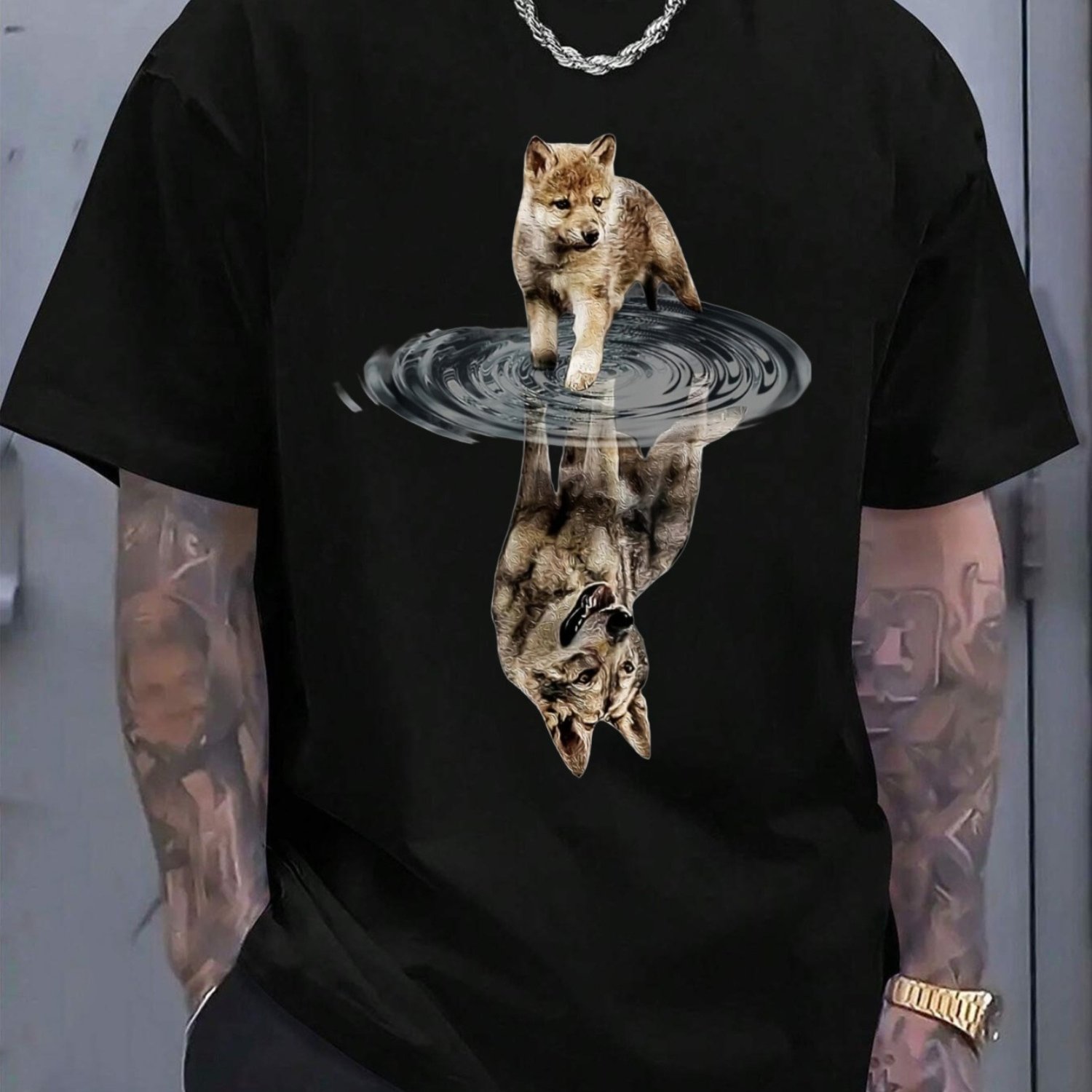 TEMU Men's Featuring A Lifelike Wolf Reflection Graphic, Designed For And A Relaxed Fit, Suitable For Gym Workouts, Hiking, Or Casual Wear. This