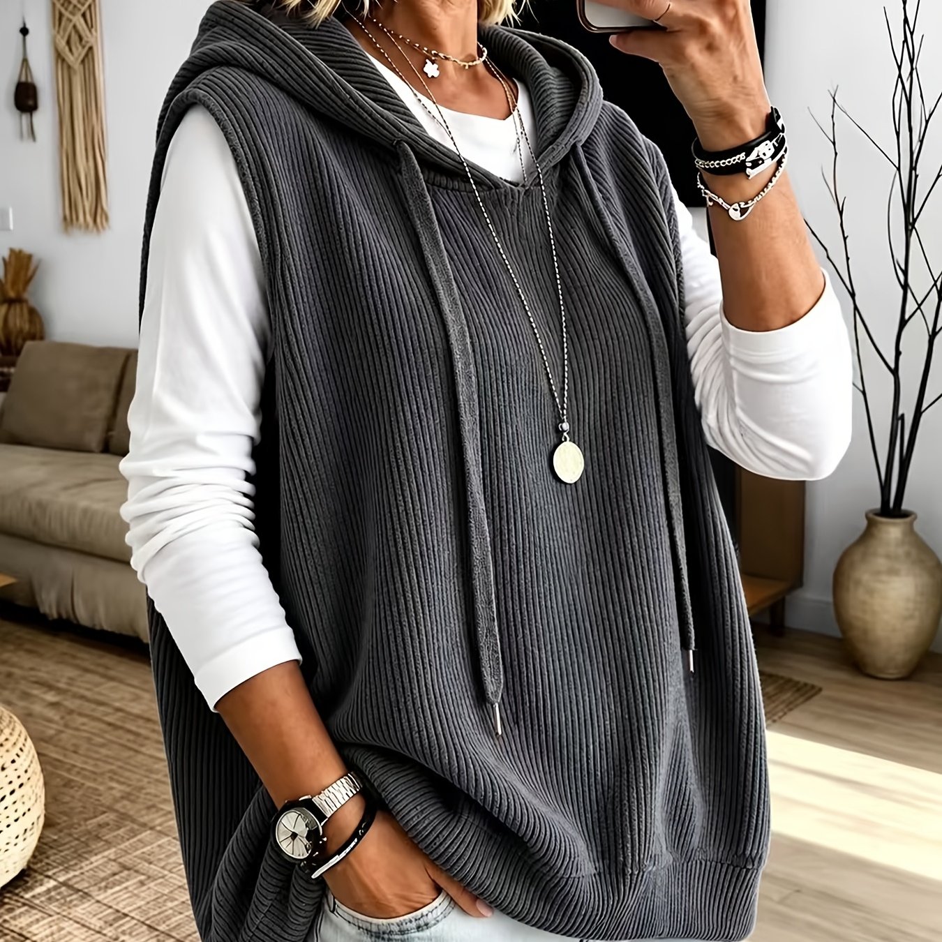 TEMU Plus Size - Frühlings- und Herbstmode für Damen in großen Größen - Ärmelloses Freizeit-Top mit Kapuze, modischer, eleganter Cord-Hoodie mit