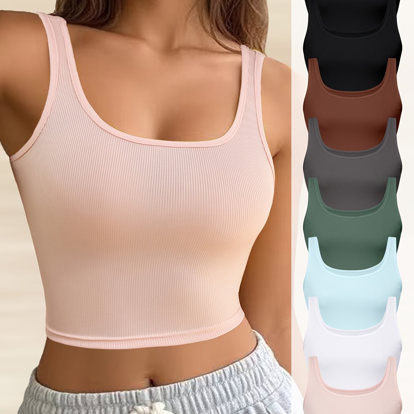 8pcs Set, Summer Thin Camisole Women's Outerwear Comfortable Seamless Strappy Short Tank Top Breathable Ribbed Sleeveless Base Layer