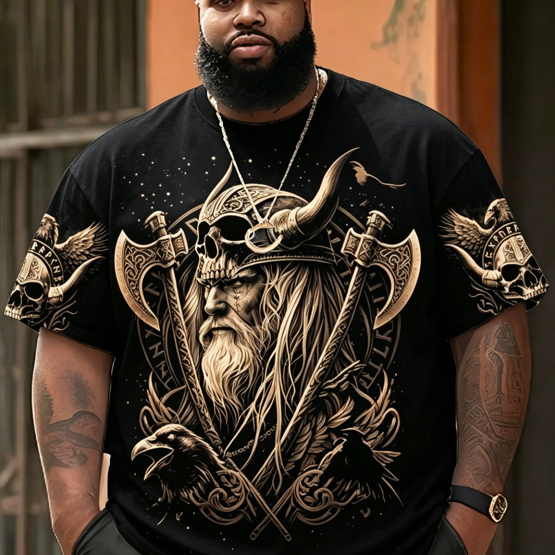 TEMU 2026 Summer New Arrival, Skull Men's T-shirt, Totem Embellishment, Plus Size Men's T-shirt Loose Slimming Comfortable Casual Wear, Cool