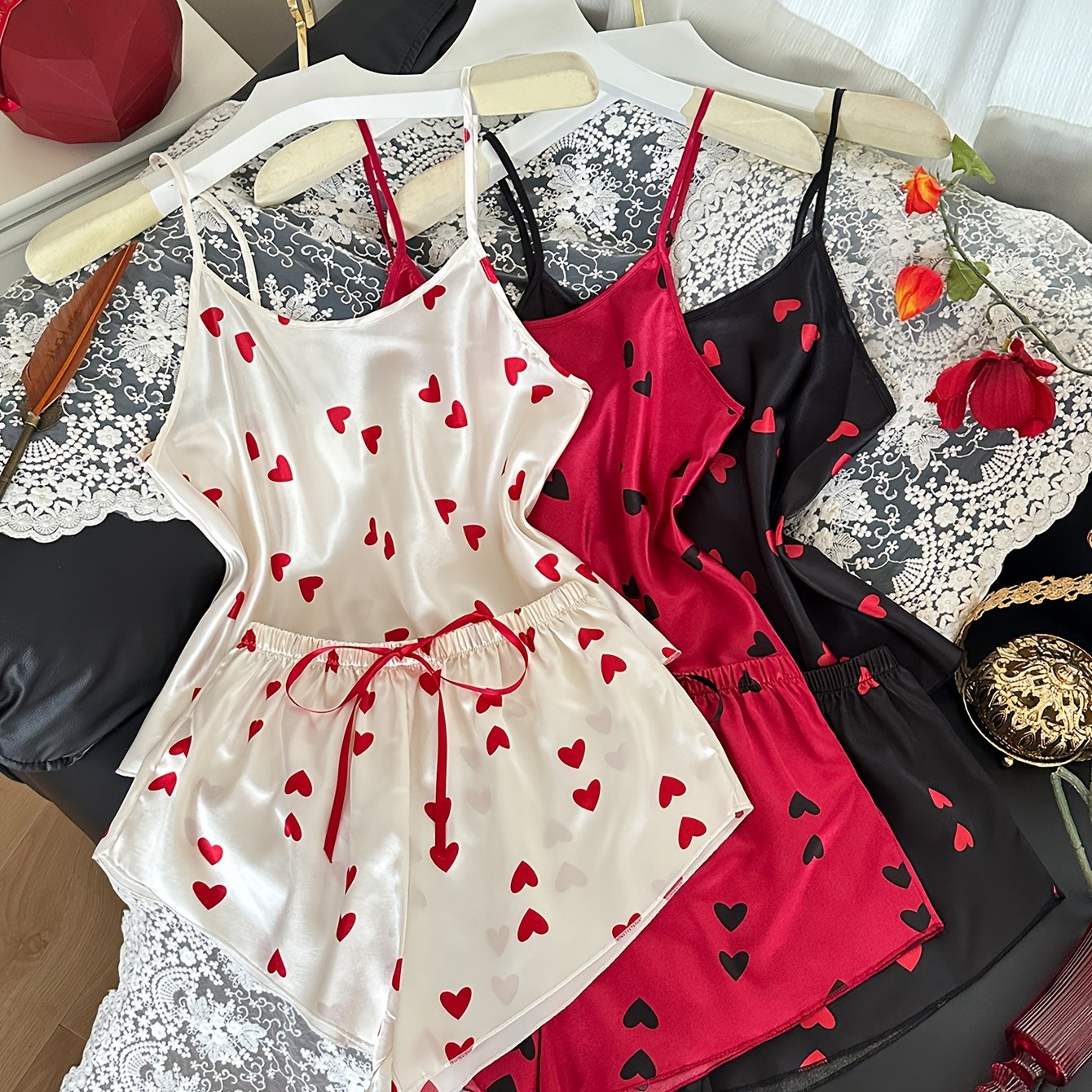 TEMU Ensemble 6 pièces débardeur et short et à imprimé cœurs, tenue de détente et confortable printemps/été