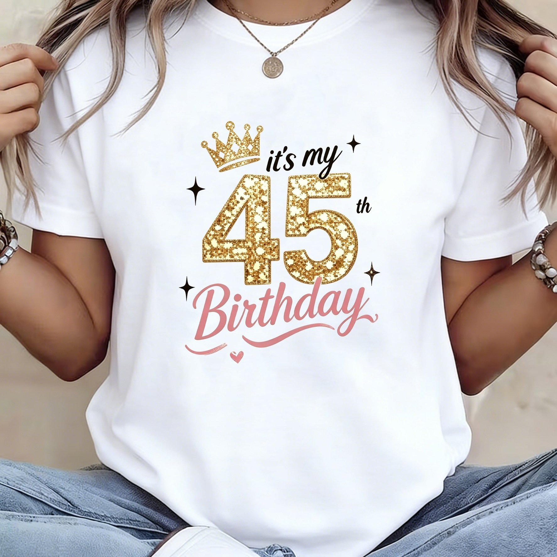 TEMU Women's Casual Crew Neck Short-sleeved T-shirt, " My 45th Birthday" Number Print Pattern, 45th Birthday Commemorative T-shirt, -fifth Birthday