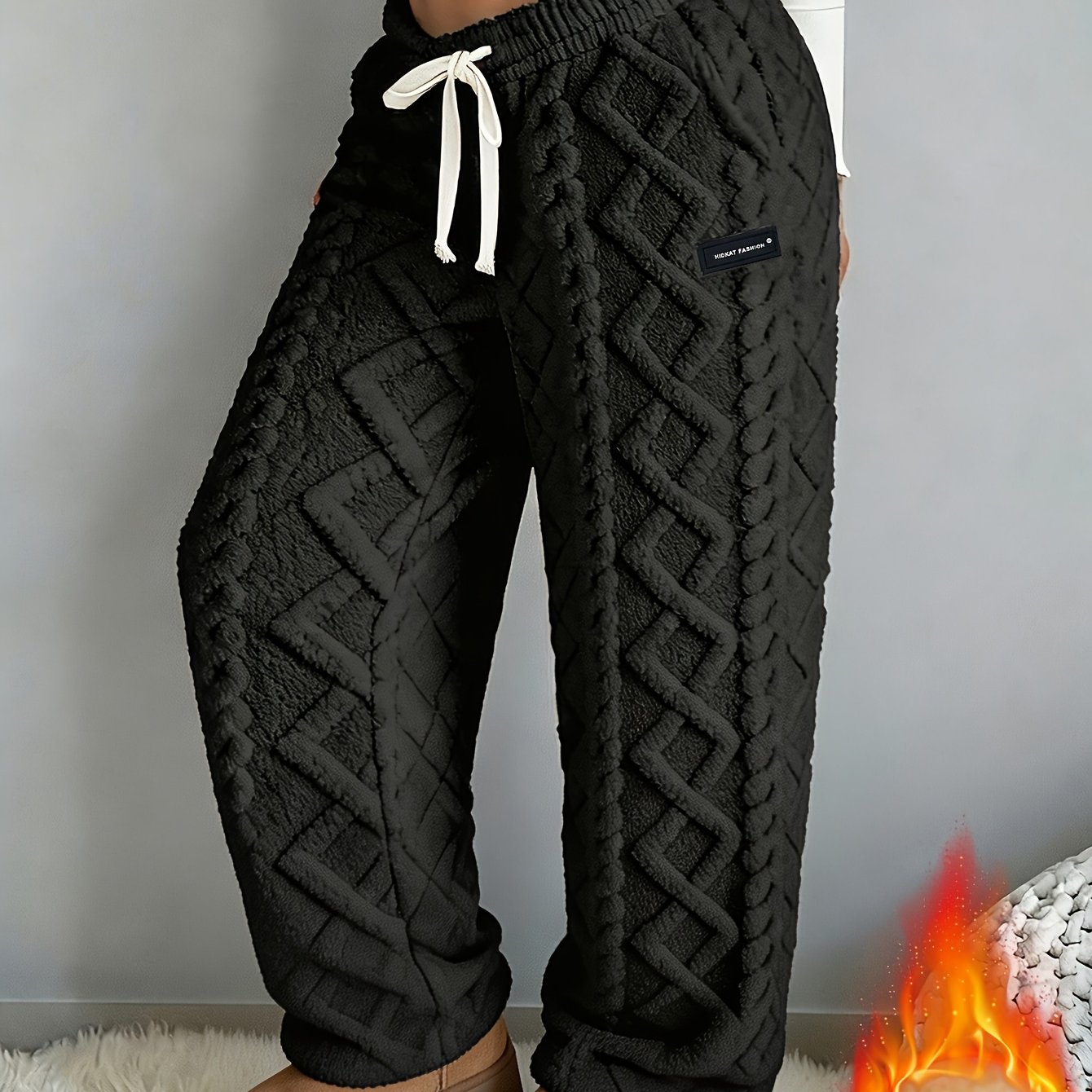 TEMU Autumn/winter Women's -lined Thickened Warm Casual Pants, Jacquard Fabric, Drawstring Waist, Suitable For Winter Home And Outdoor