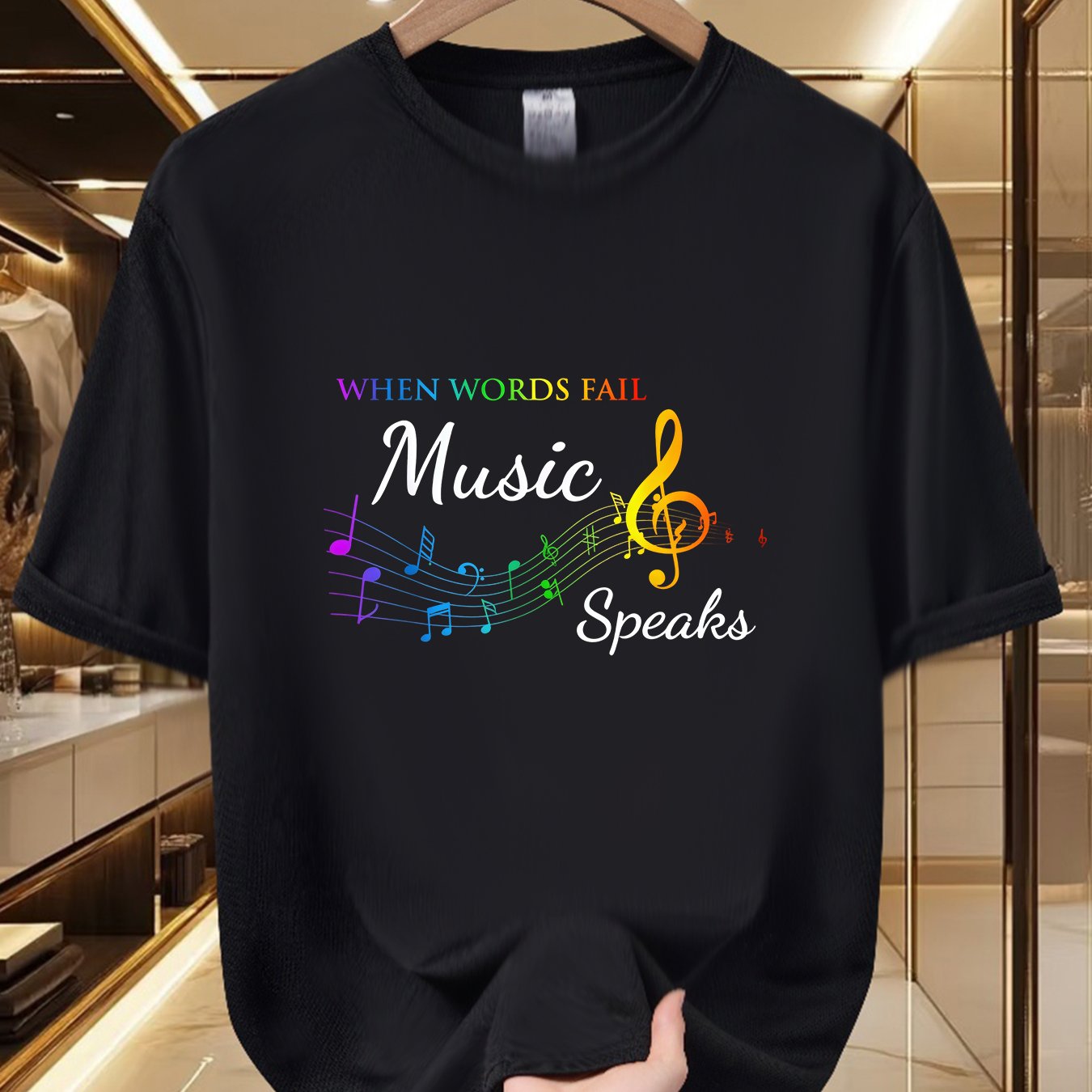 TEMU Men'-inspired Graphic T-shirt - Vibrant Musical Notes, Soft And Breathable, 100% Polyester Fiber, Colorful Print Design, Crew Neck, Short Sleeve