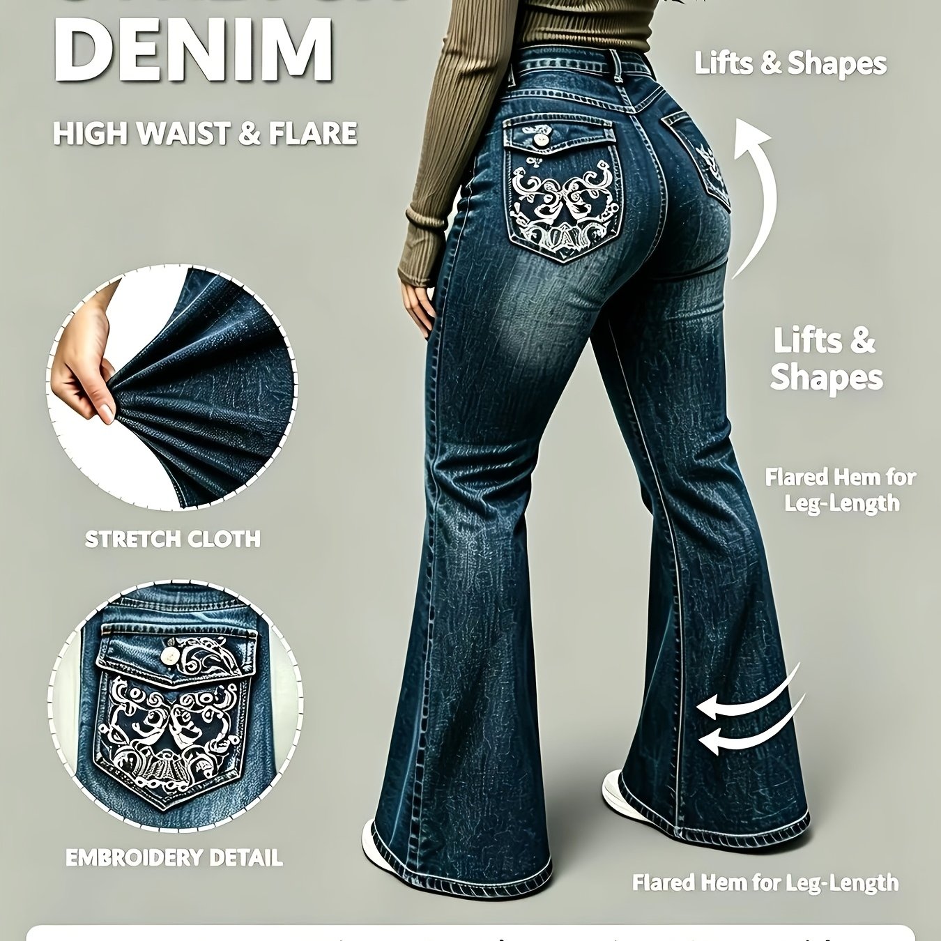 TEMU Plus Size Curvy Women Stretch Flare Denim Jeans, Vintage Y2k Paisley Embroidery Back Pocket Bootcut Pants, Lift Hip Hugging Slim Fit Bell Bottom