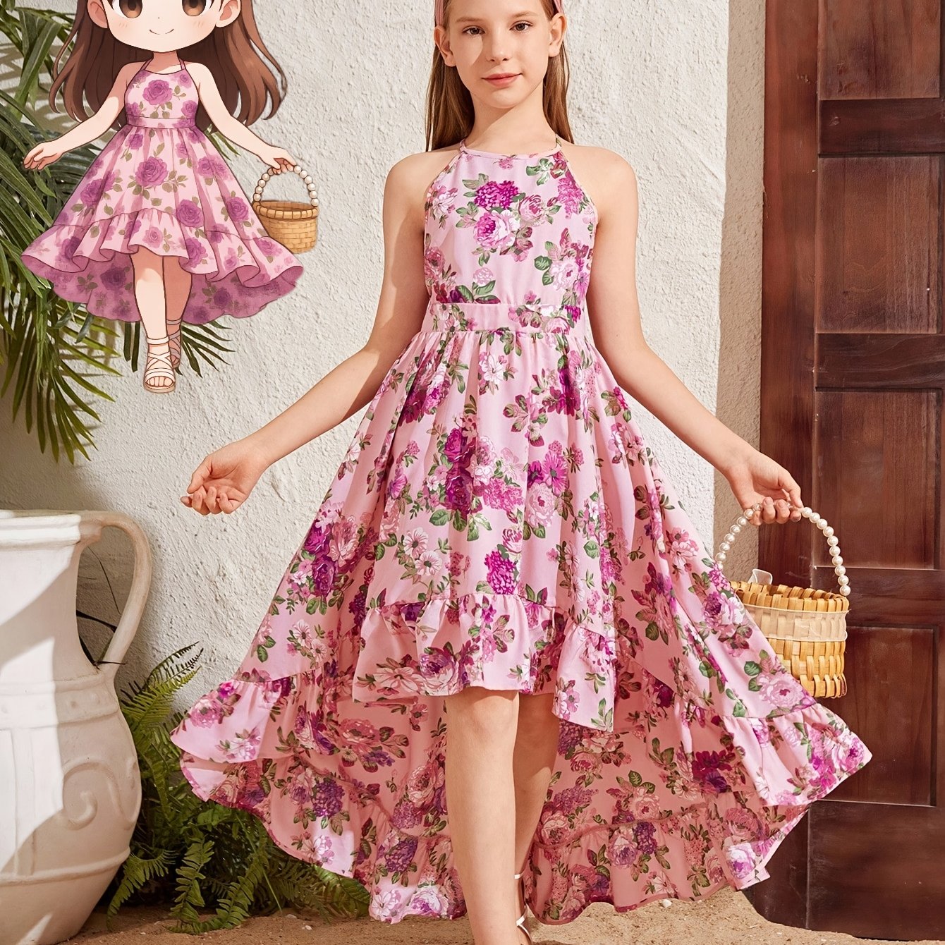 Image of Young Vacation Sundress With Straps, Floral Print Sleeveless Dress Suitable For Summer Parties