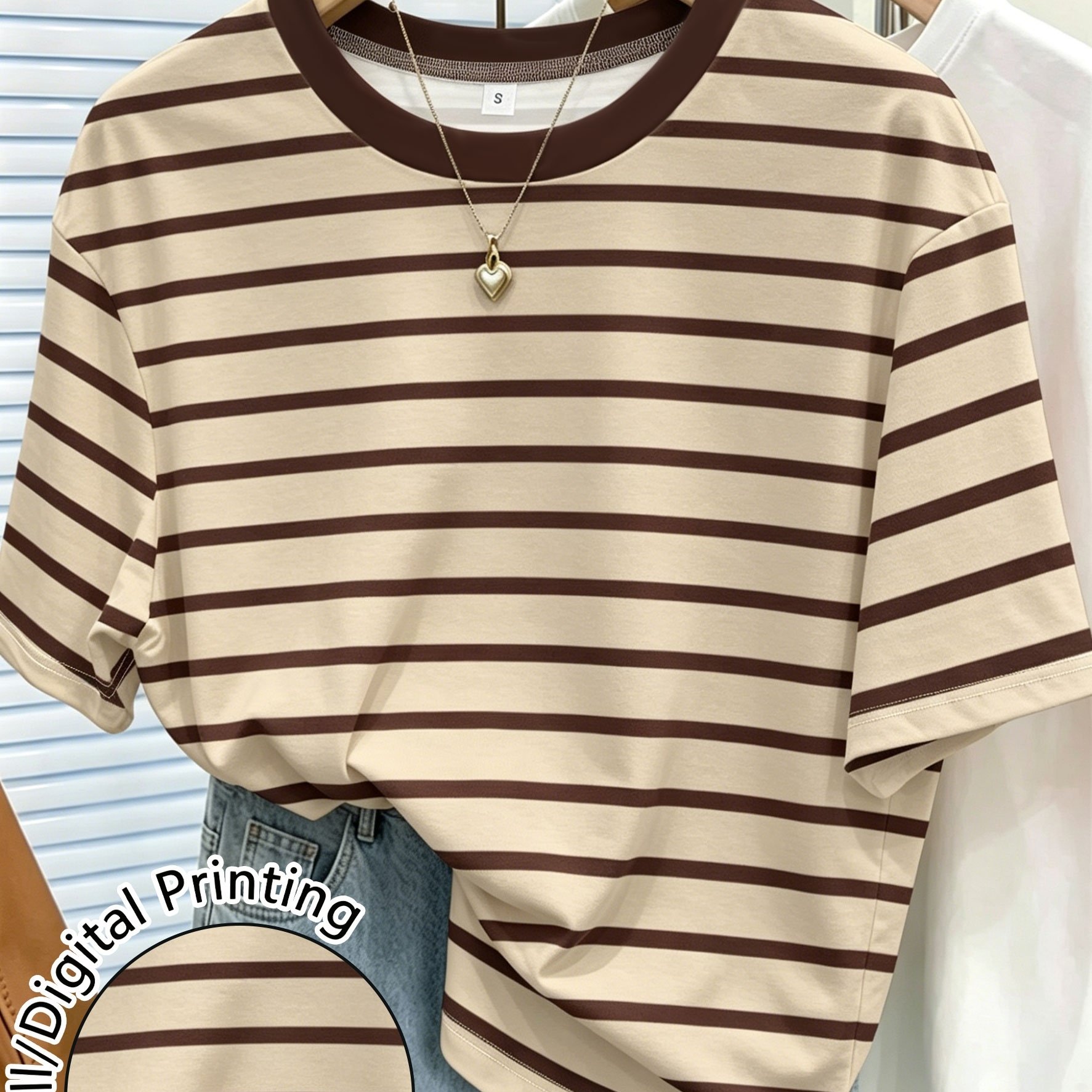 TEMU Women's Striped Printed Crew Neck Short Sleeve T-shirt, Casual Comfortable Versatile