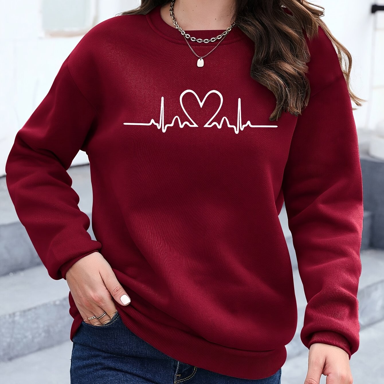 TEMU Pull Décontracté pour Femmes avec Imprimé de Cœur et Doublure en Polaire - Pull à Col Rond Marron, Manches Longues Lavable en Machine, Confort