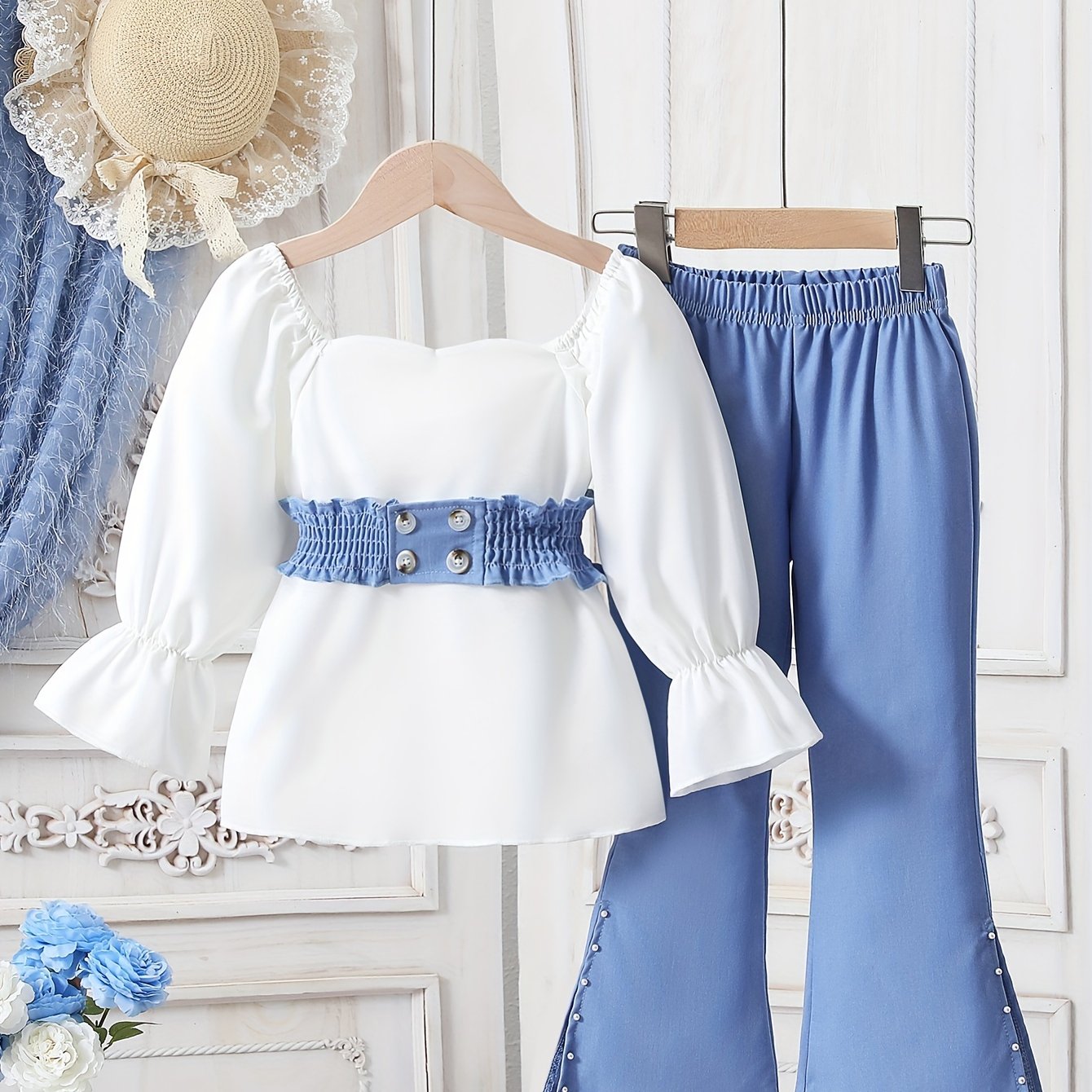 Image of Girls Trousers Suit 2pcs Set Spring And Autumn Casual And Fashionable Waist-close Long-sleeved Top Fashionable Bell-bottom Pants Girls Suit, Perfect For Outdoor