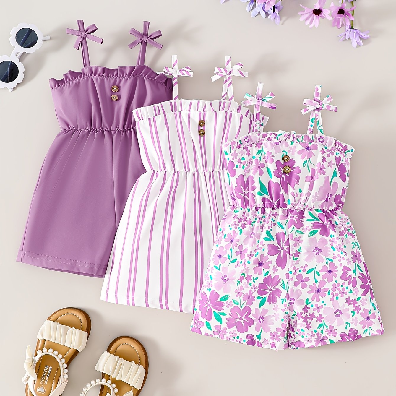 Image of Summer 0-3y Baby Girl 3pcs Set Onesie, Countryside , Sleeveless, Casual And Fashionable, Suitable For Outdoor Travel And Daily Wear, Perfect For Outdoor, Newborn/toddler Necessities