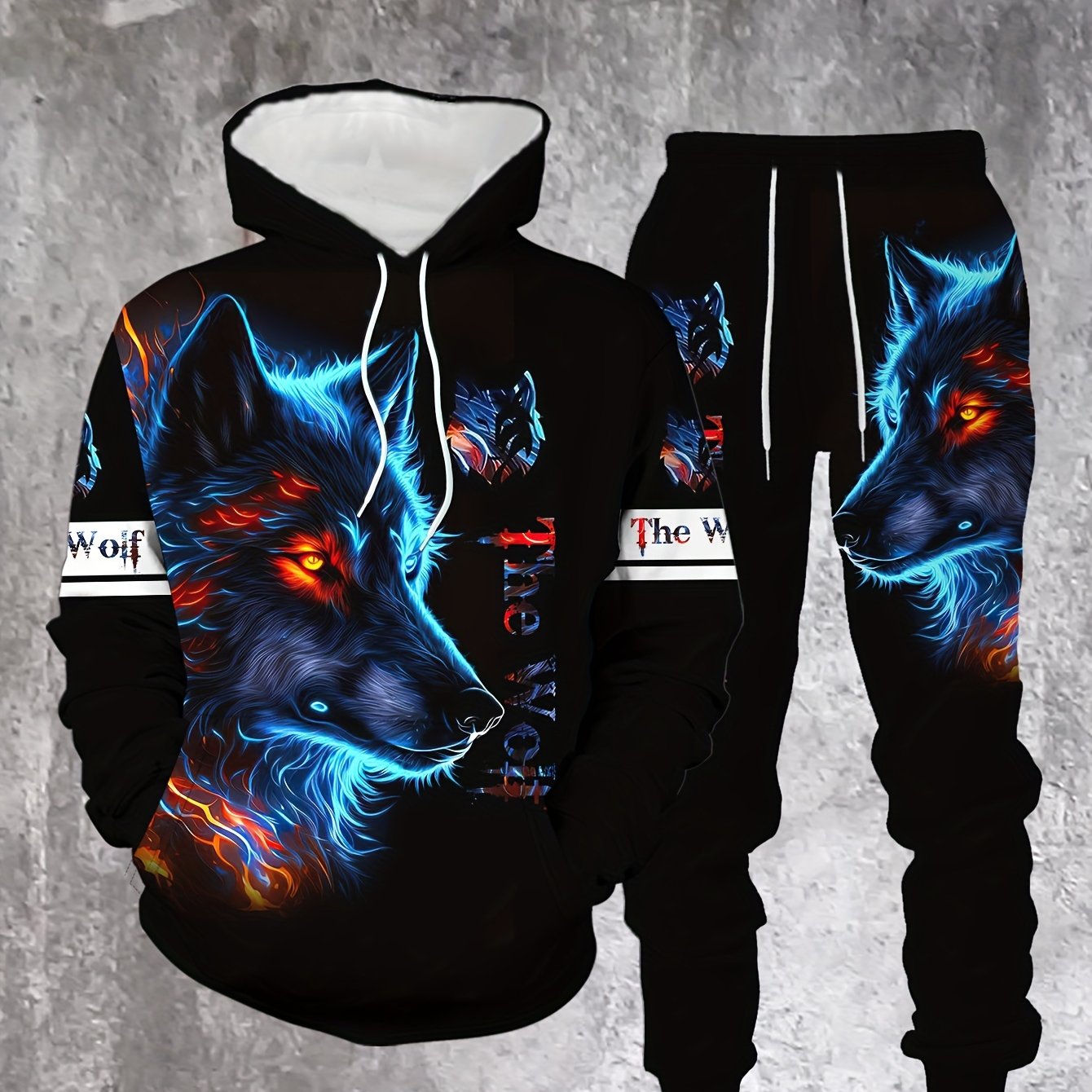 Image of Blue And Red Pupil Wolf Pattern , Stylish, And Comfortable Men's Spring/autumn Long-sleeve Casual Sweatshirt Set
