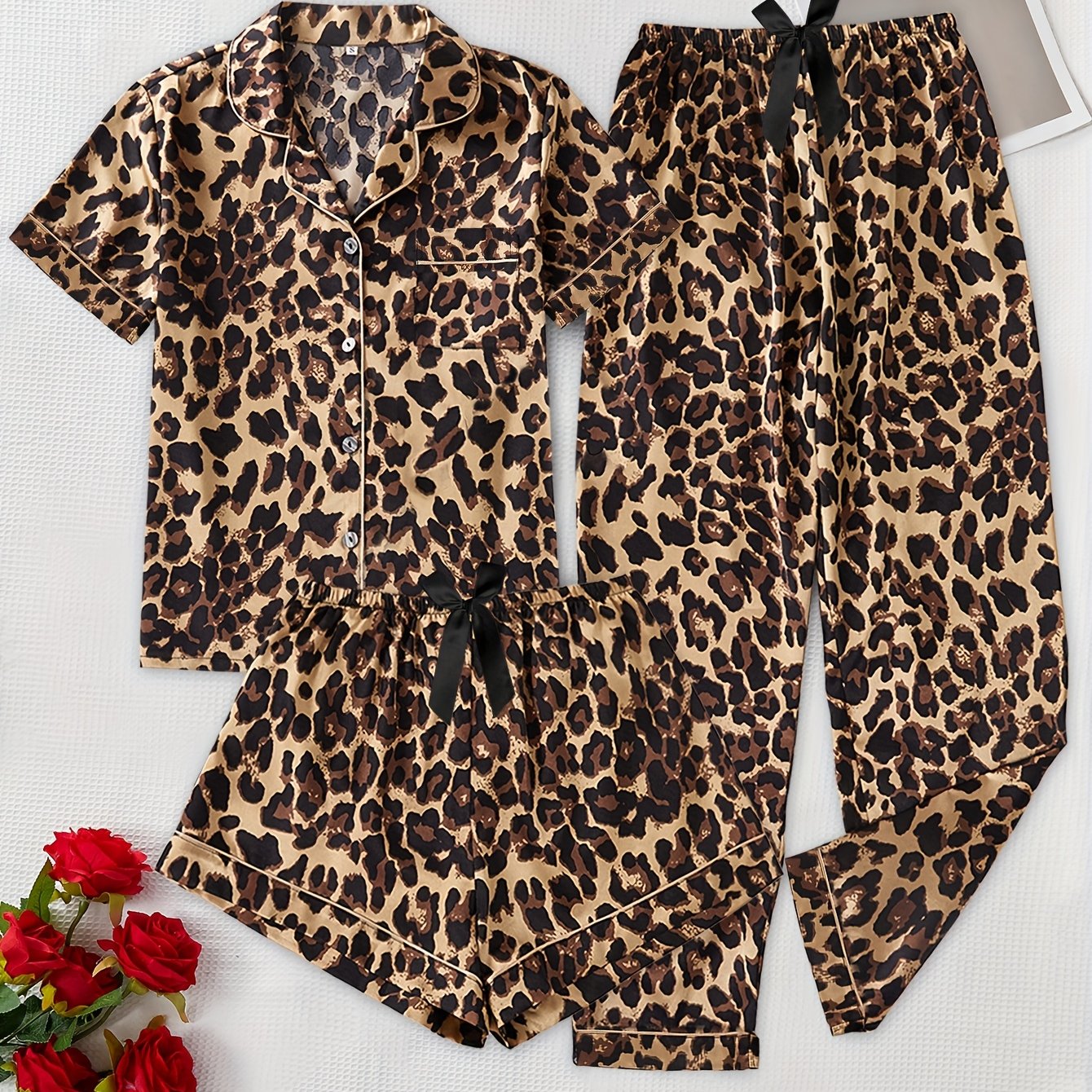 TEMU Elegant Women's Short Sleeve Shorts Long Pants Turn- Collar Leopard Print Bow Sleepwear 3pcs Pajama Set Loungewear Set