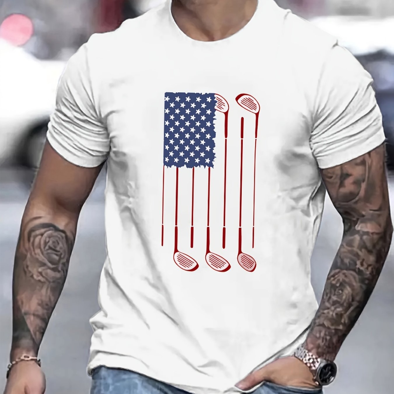 TEMU Golf Clubs Flag Print T Shirt, Tees For Men, Casual Short Sleeve T-shirt For Summer