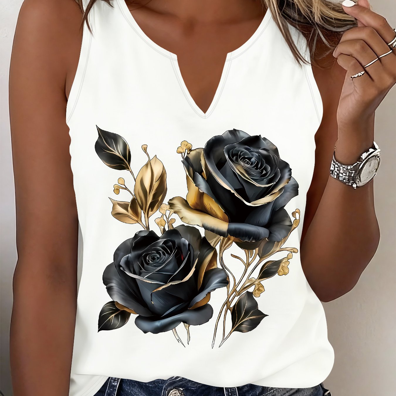 TEMU (052#) Women's Fashion Refreshing Tank Top, Floral Print Sleeveless Top, Stylish Casual Inner Or Outer Wear, Versatile For Daily Commuting