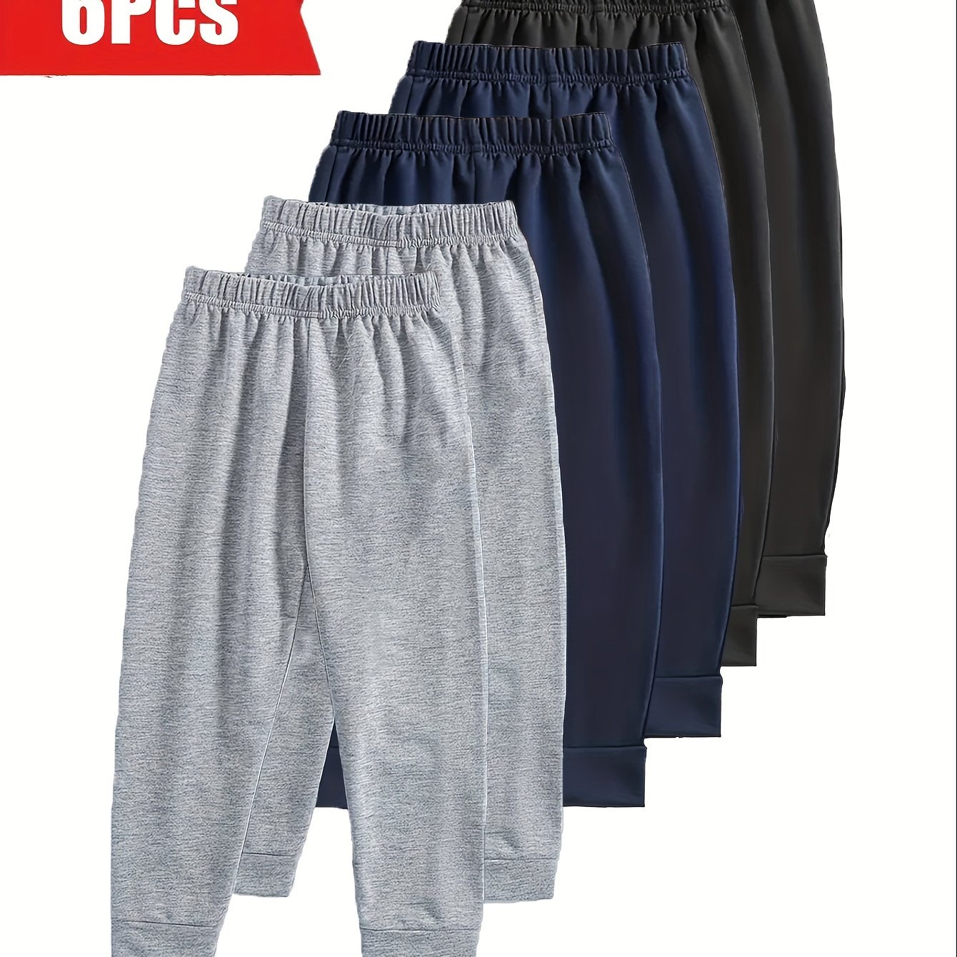6-pack Boys' Athletic Pants Set, Elastic Comfortable Sports Trousers, Breathable Polyester Knitwear For Outdoor Activities, , Solid Color