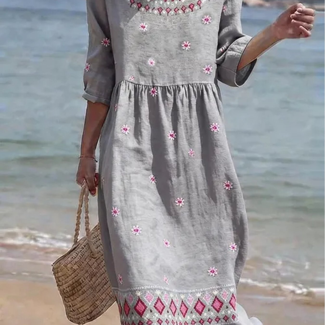 Image of New Arrival Women's Crew Neck 3 Quarter Sleeve Dress Outdoor Streetwear Bohemian Special Fabric Summer Comfortable And Versatile Long Dress