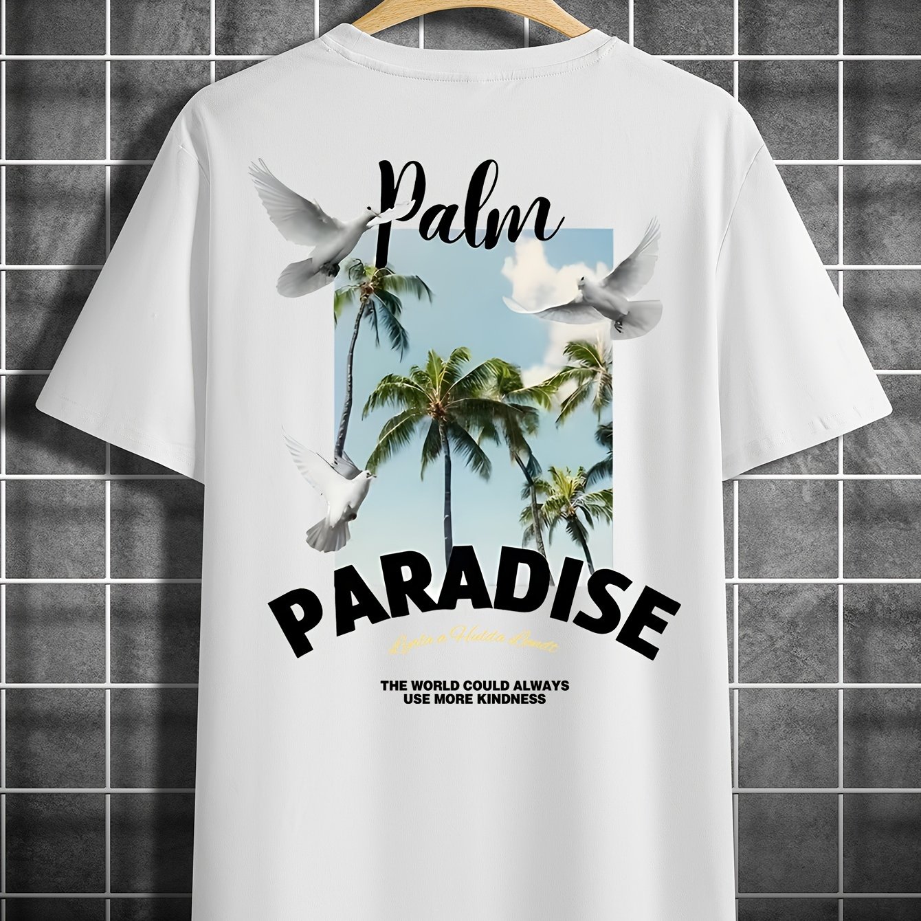 TEMU "palm Paradise" Men's Casual Printed T-shirt, Stylish Round Neck Short Sleeves