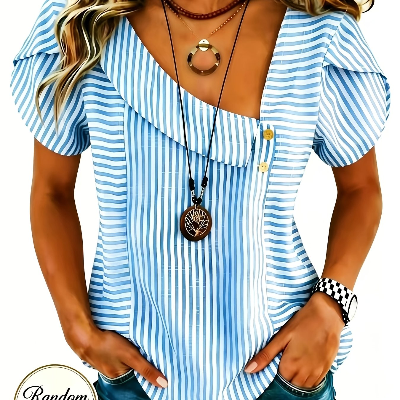 Women's Petal Sleeve Striped Top, Asymmetrical Neckline Casual Spring/summer Shirt