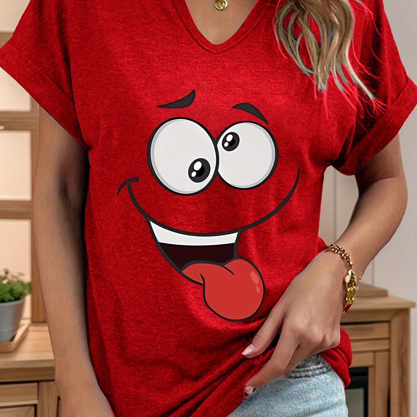 TEMU Women's Cartoon Face V-neck T-shirt - Fun Printed Design With Tongue Out, Short Sleeve Casual Top, Soft Polyester Blend