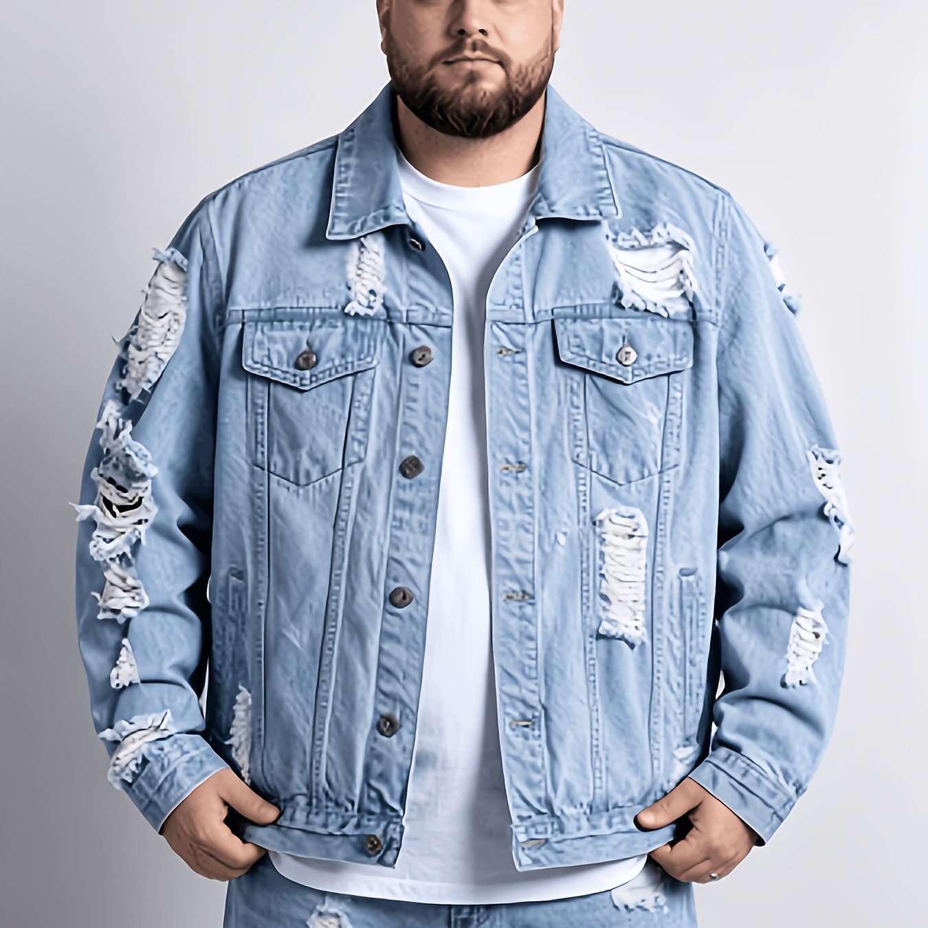 Image of [hme]vintage Ripped Oversized Men's Denim Jacket, Trendy Fashion , Washed , 3d Tailored Slim Fit, Non-stretch, Machine Washable, Stable And Not Easily Deformed, Plus Size