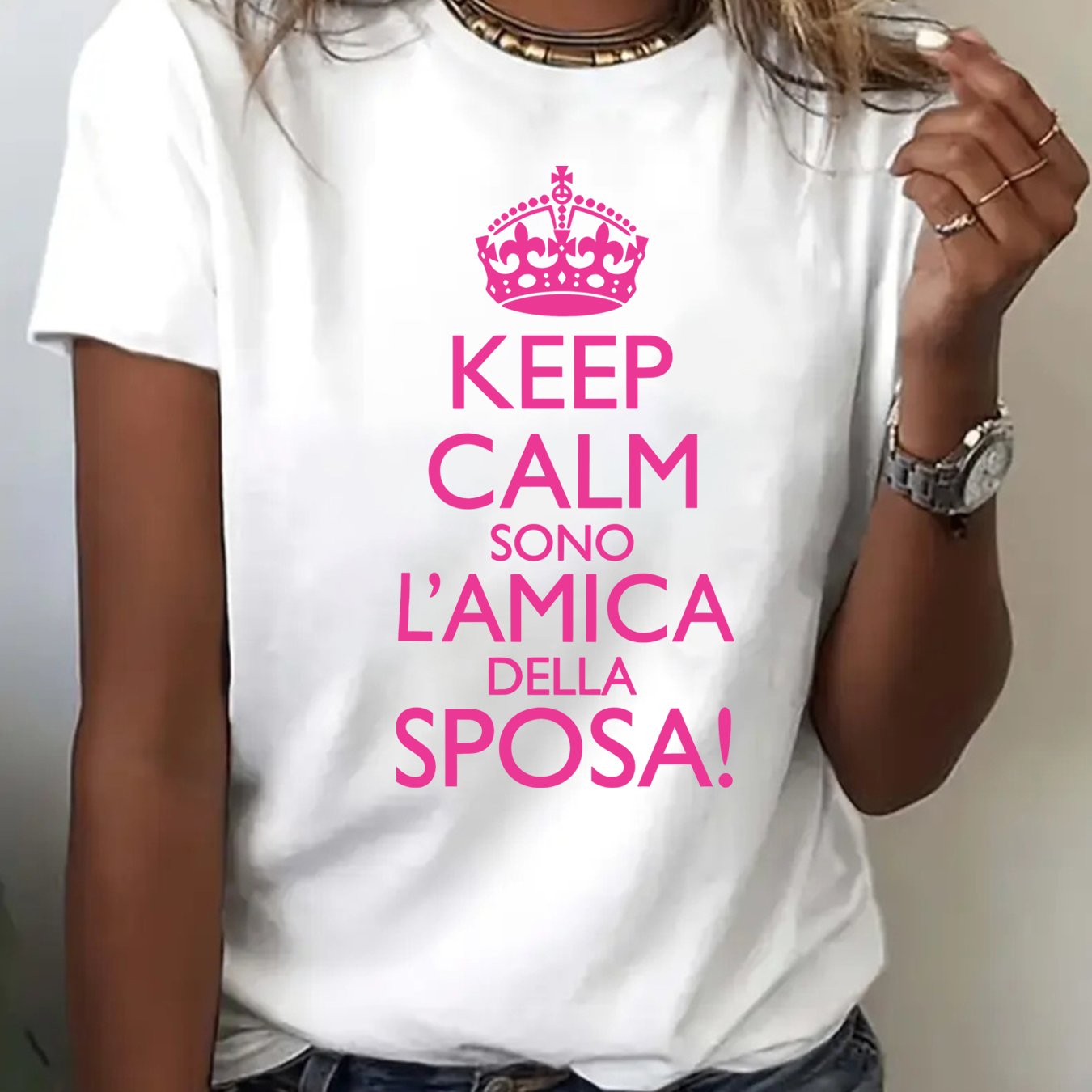 TEMU Women's Crew Neck T-shirt "stay Calm, I'm The Friend" Graphic Tee With Bridesmaid For Casual Everyday Wear