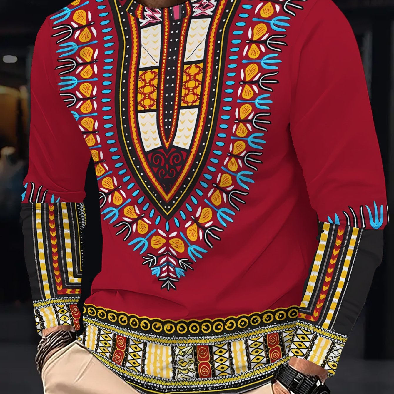 TEMU Men's Printed Long Sleeve T-shirt, Ethnic Geometric Print Commuter Casual Top, Versatile Round Neck Pullover With Fashionable Contrast Patterns