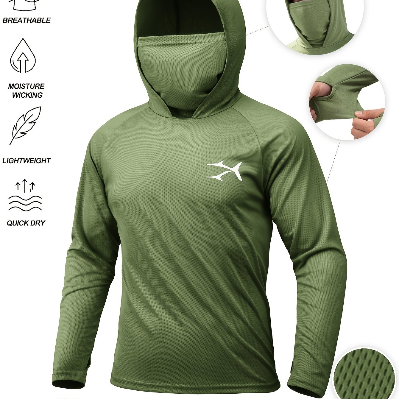TEMU Men's Outdoor Technical Fishing Shirt, Hooded Face Mask Long Sleeve Quick-dry T-shirt, Bird-eye Mesh Breathable Moisture-wicking Sunscreen