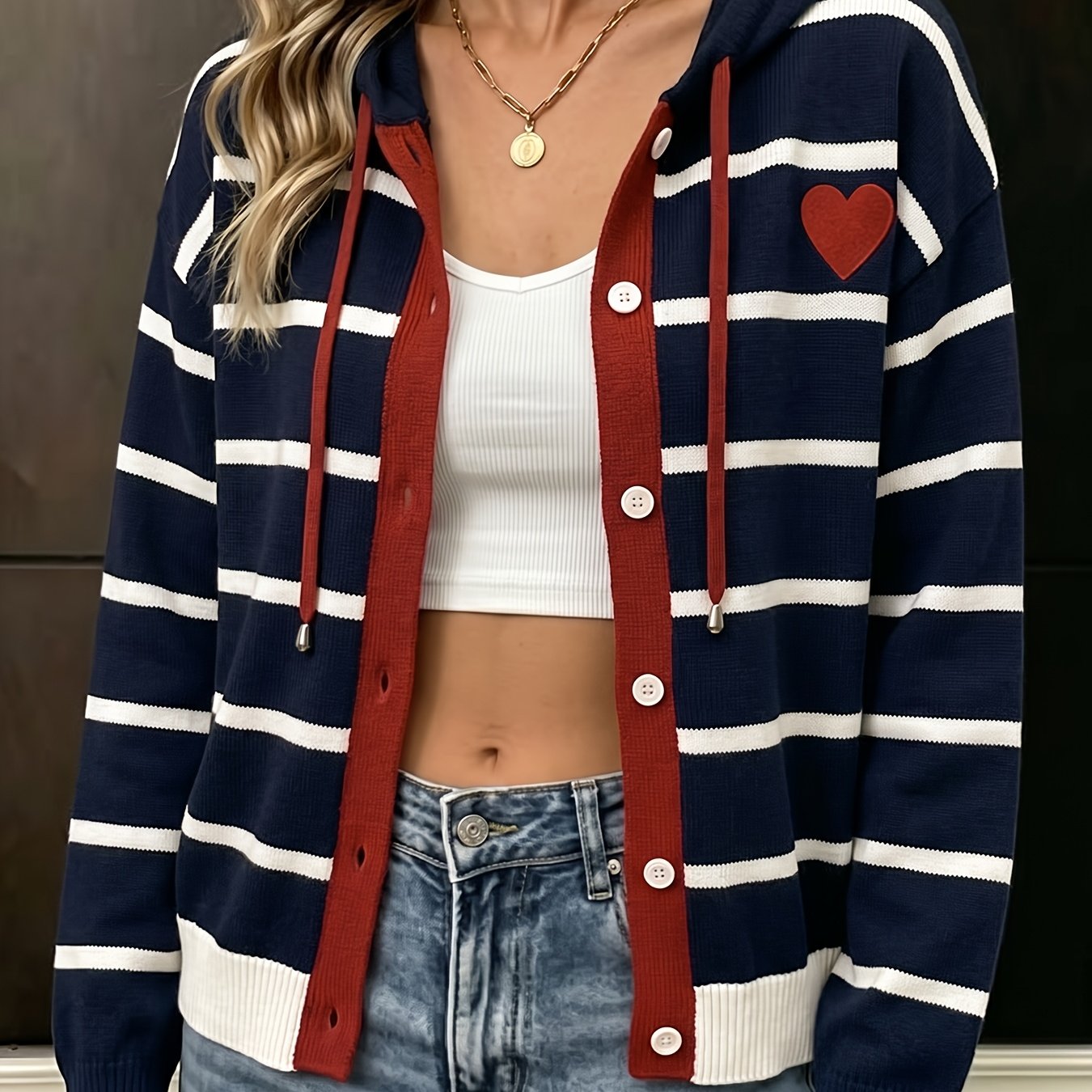 TEMU New Women's Striped Hooded Cardigan, Contrast Color With Heart , Drawstring Hooded Sweatshirt, Casual Outfit For Dates, Commuting, And