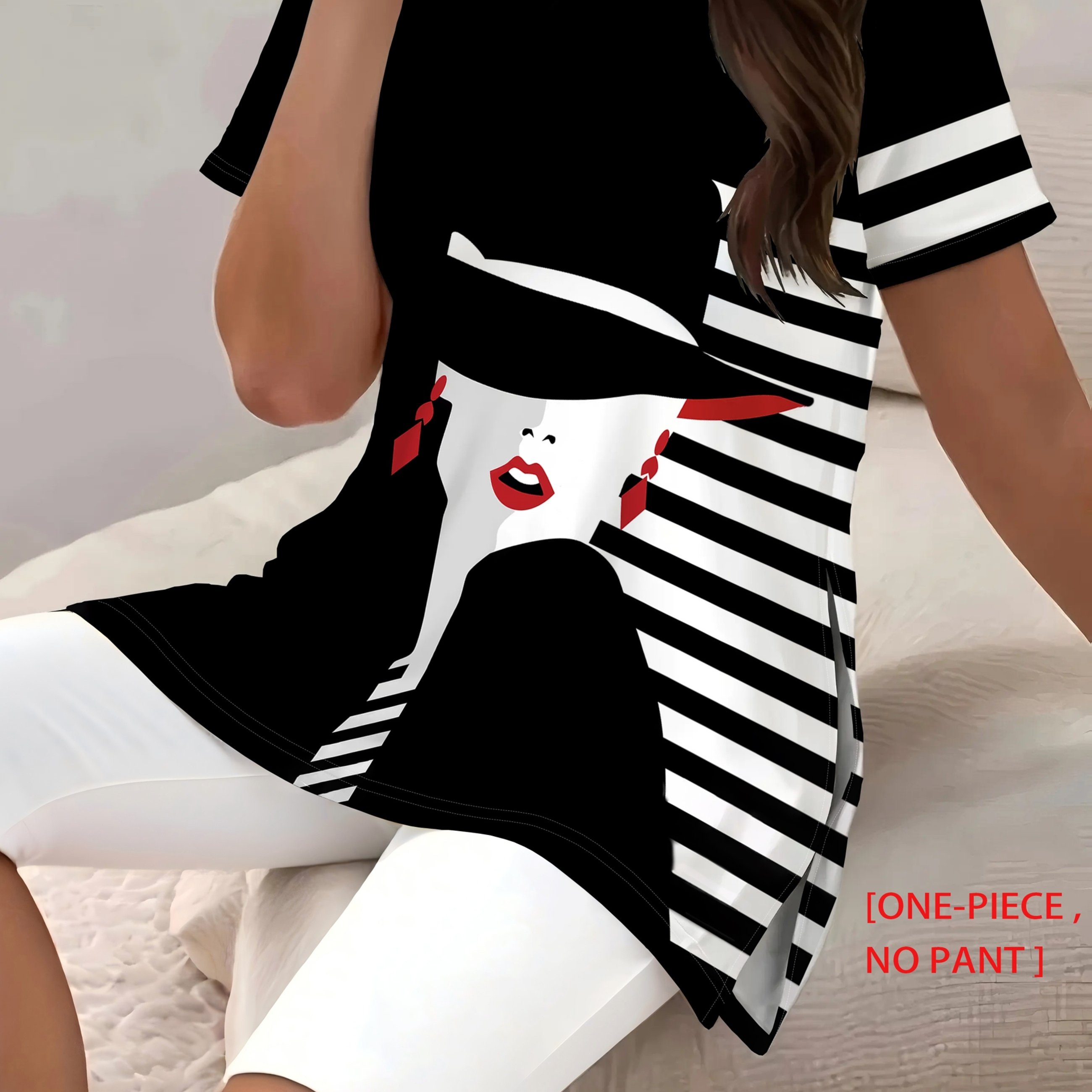 TEMU Portrait Graphic Tunic, Plus Size Side Split Top, Black And White Striped Blouse, Elegant Streetwear, Casual Daily Tee