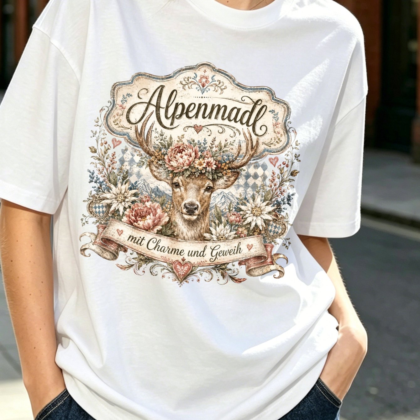 Image of And Antlers White Tee With Deer Peonies Mountain Pattern And Elegant Ribbon Banner Women's T-shirt