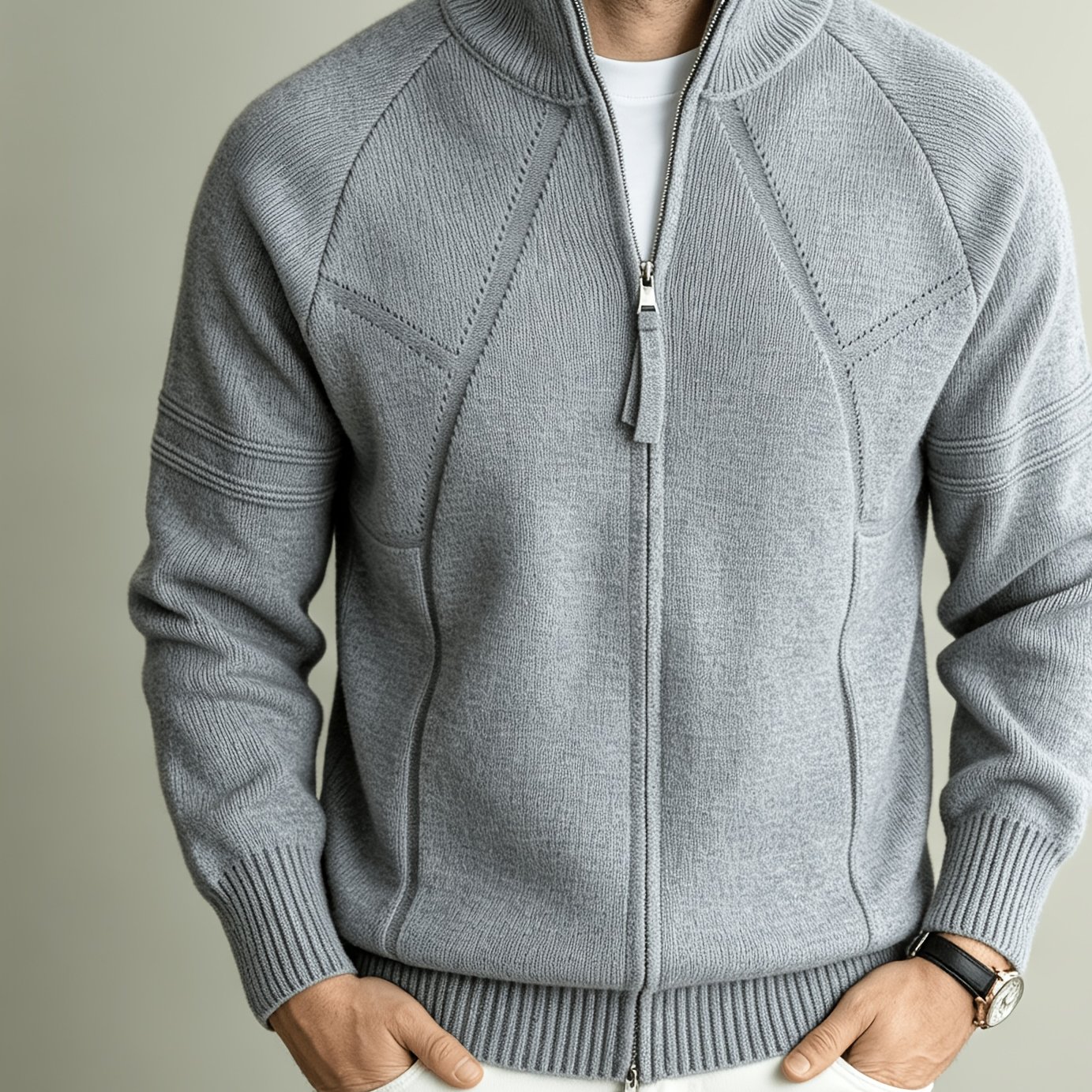 TEMU Forlengke Men's Autumn/winter Stand Collar Zipper Knit Cardigan, Heavyweight Jacquard Texture Outerwear, Casual Versatile Solid Color Sweater