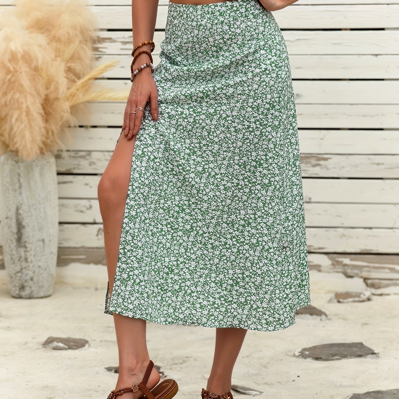 Women's Floral Print High-waisted Midi Skirt With Thigh Slit – Lightweight Polyester, Spring/summer Fashion, Summer Fashion Skirt|floral Midi Skirt|polyester Fabric