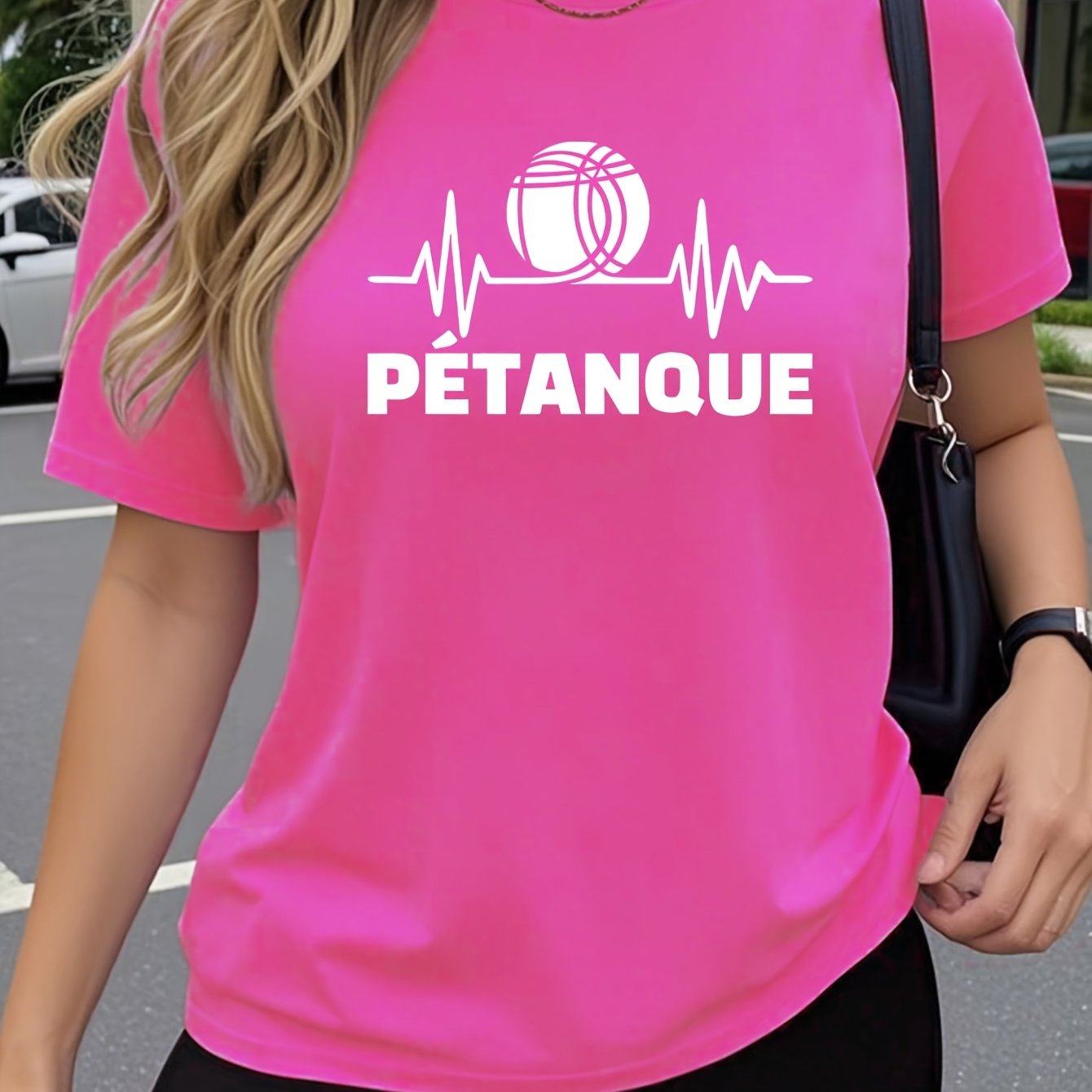 TEMU T-shirt à manches courtes pour femmes, motif créatif et tendance PETAQUE Heartbeat. Haut à col rond respirant et extensible, idéal pour un port