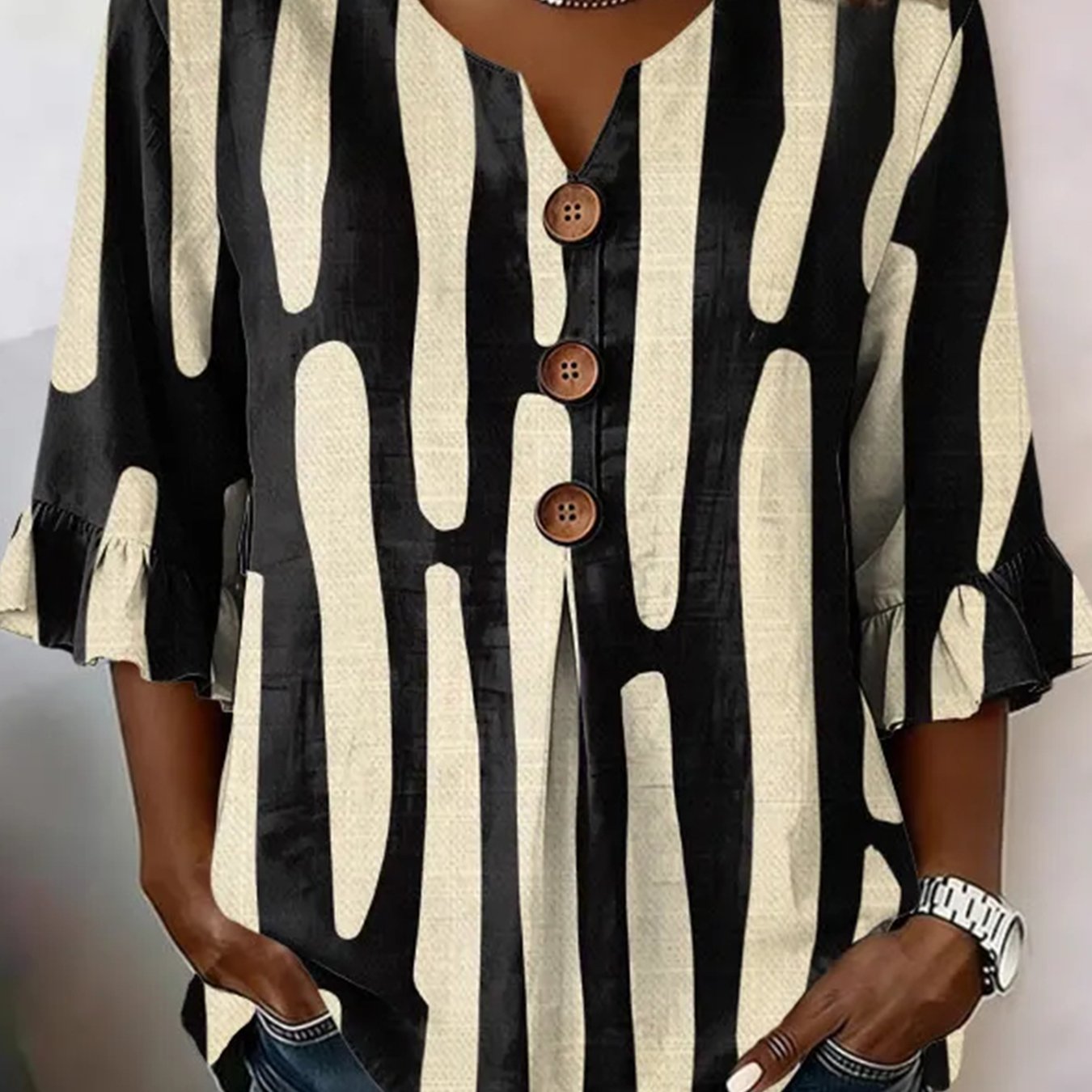 Women's V Neck Button Geometric Shirts Tops For Casual Attire
