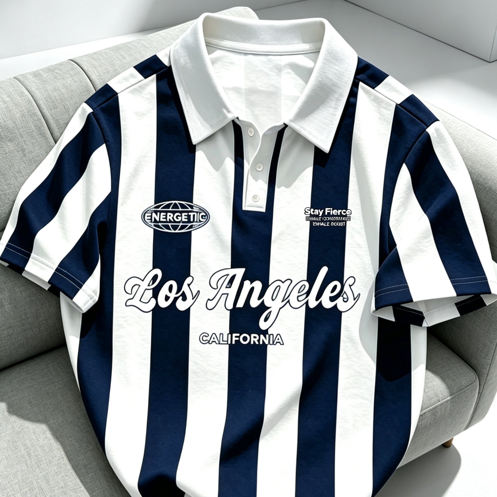 TEMU 's Color-block Vertical Stripe Lapel Shirt With Los Angeles English Print, Trendy Short Sleeve Youth Versatile Casual Top, Fashionable For Daily