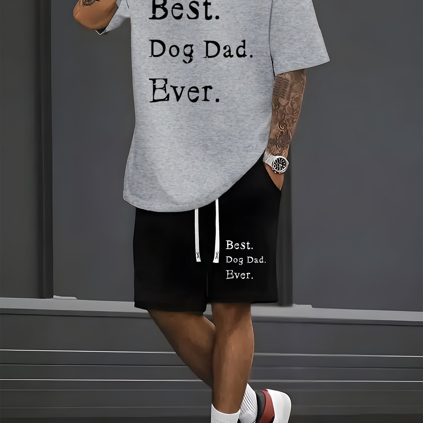 TEMU âbest Dog Dadâ Print Men's Short Sleeve T-shirt And Waistband Shorts 2pcs Set Casual Sports Regular Top And Pants Suit, Suitable For Spring A