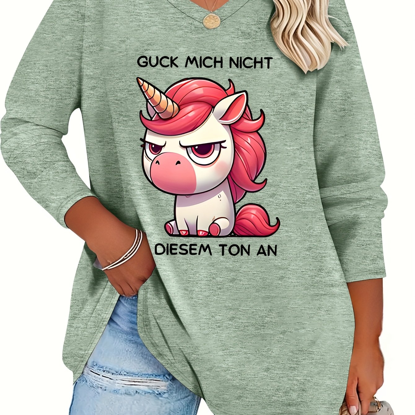 TEMU Plus Size - Plus Size - Spring And Summer New Plus Size Women's Fashion Letter Cute Unicorn Pattern Long-sleeved V-neck T-shirt, Rayon Component