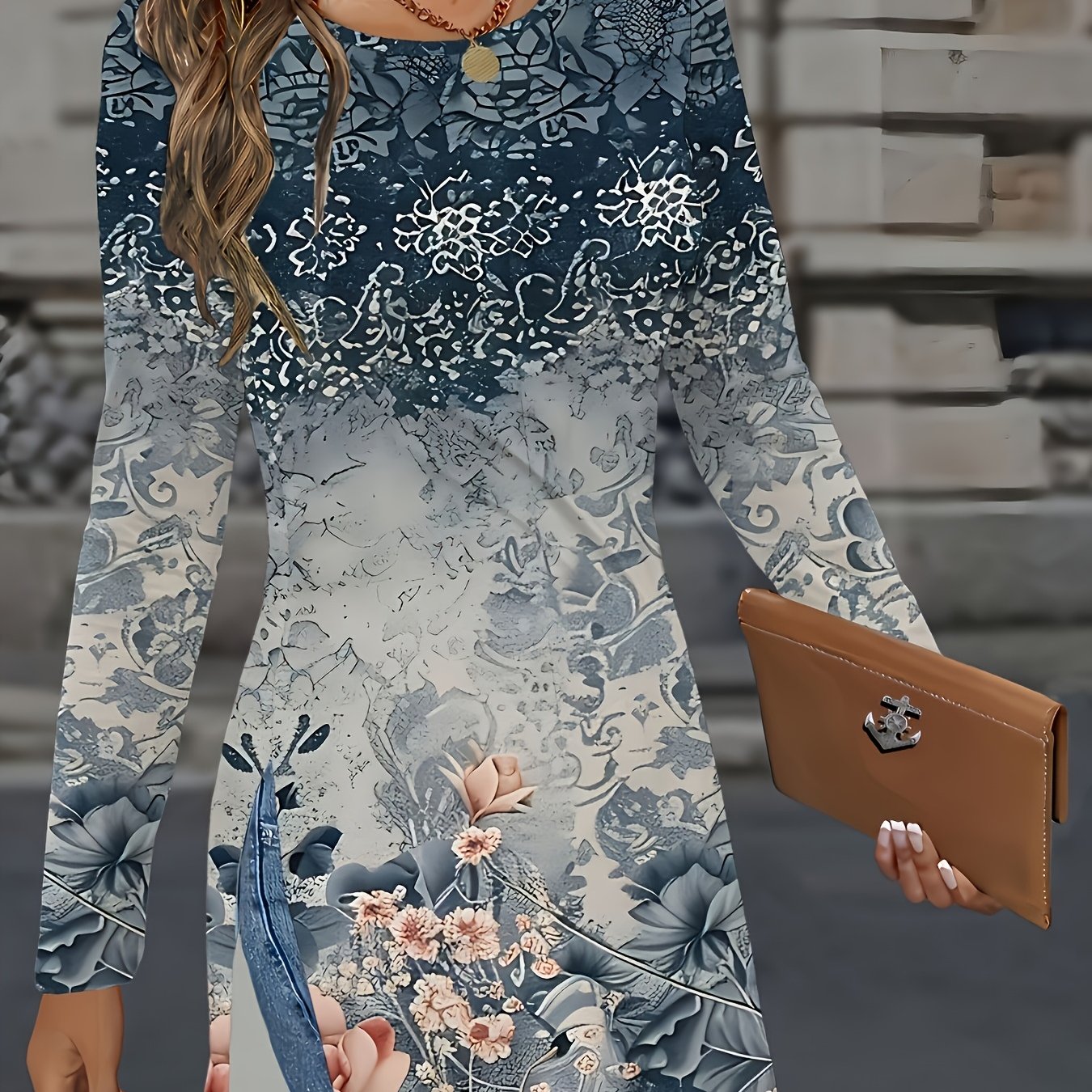 TEMU [printed Design â Not Textured/embroidery/sequins] Women's Fashion Floral Long-sleeve Long Top, Suitable For , Flattering And With A Slit