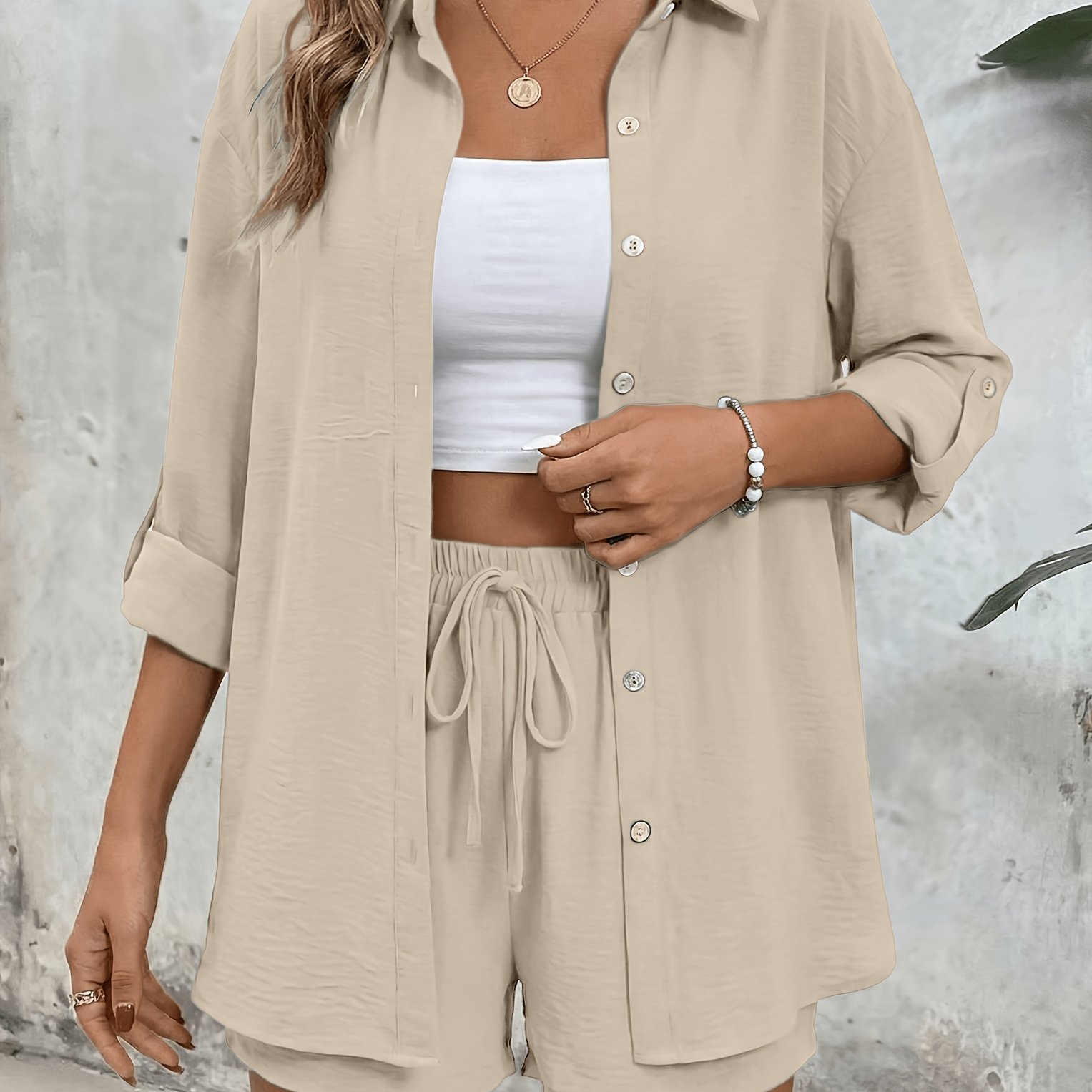 Spring/summer Solid Color Long-sleeve Shirt Set With High-waist Shorts, A Stylish And Comfortable Essential Set For Home And Travel