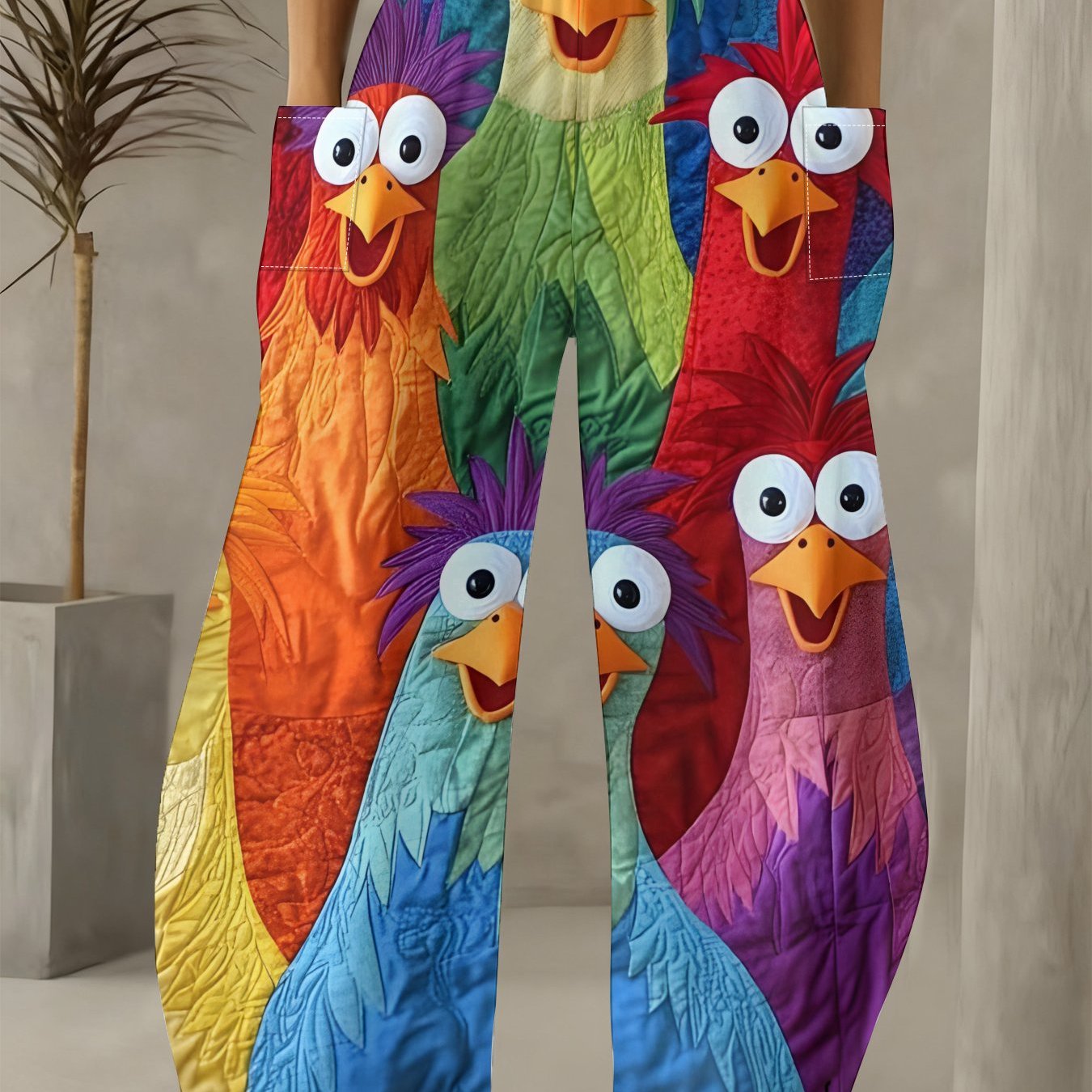 TEMU Women' Size Colorful Cartoon Chick Printed Loose Wide-leg Pants, Trendy And Fashionable , Draped, High-waisted& Slim-fitting, With Large Side